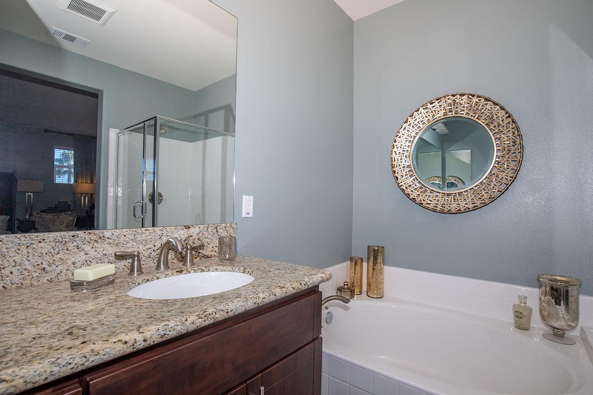 a double sink and large mirror