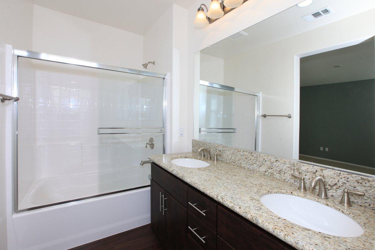 a double sink and large mirror
