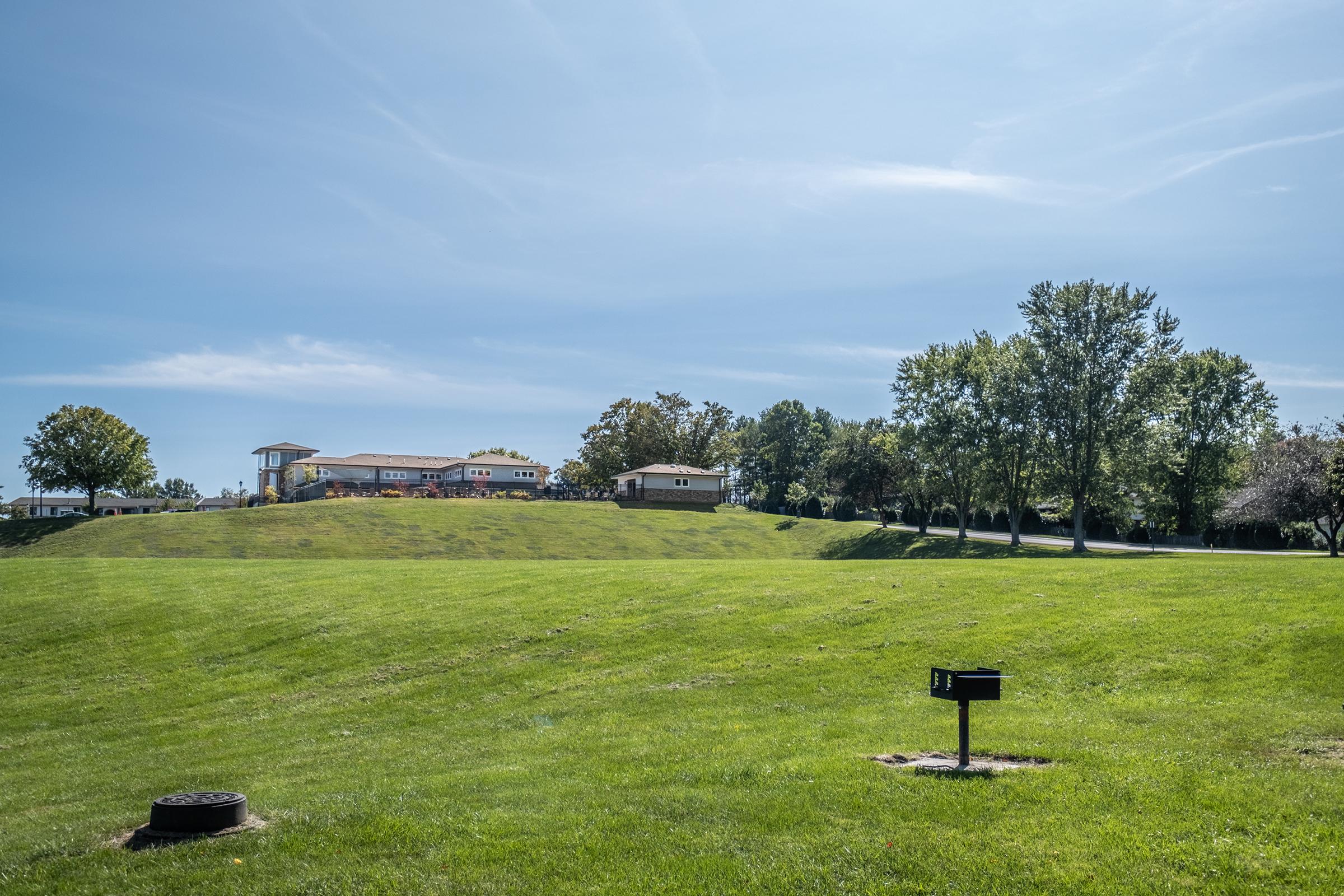 a person sitting on a bench in a grassy field