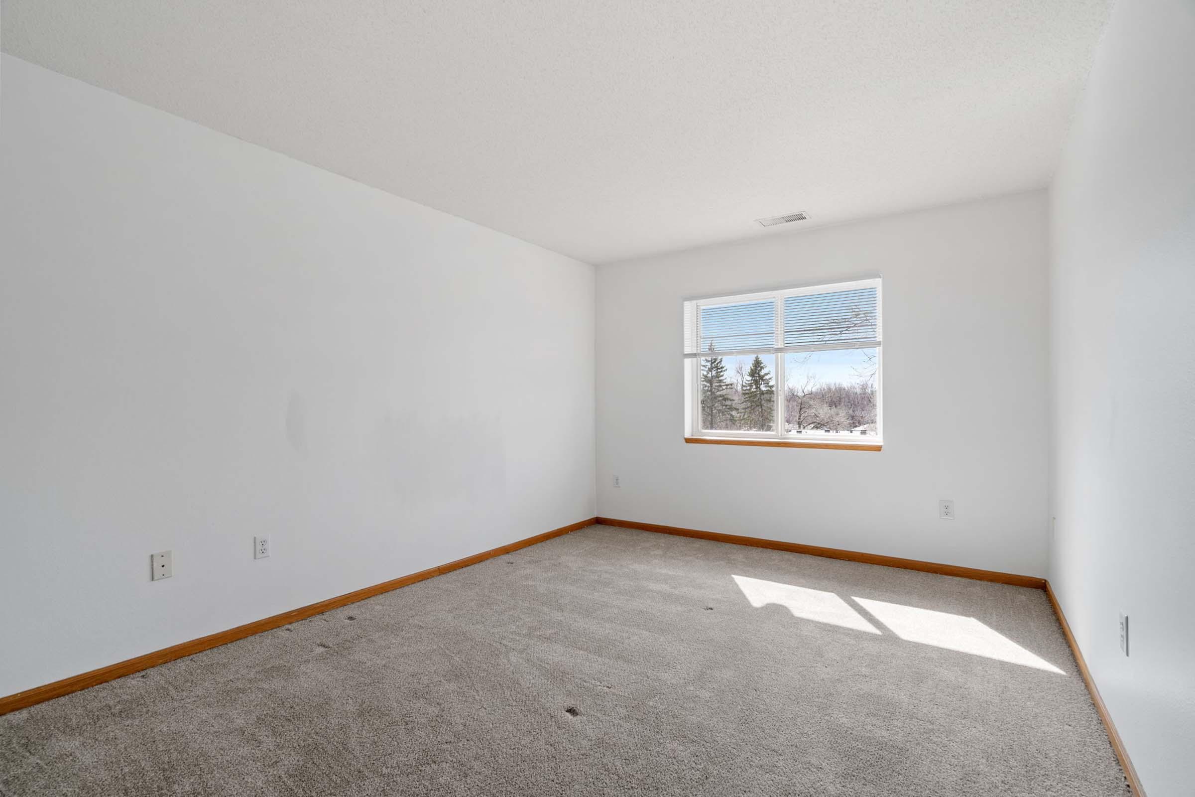 Empty room with light beige carpet and unpainted white walls. A window allows natural light to enter, illuminating the space. No furniture or decorations are present, giving it a spacious and blank appearance. The view outside features trees and clear skies.