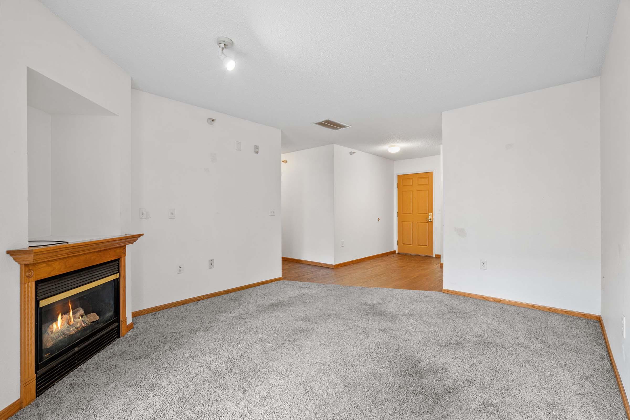 A spacious living room featuring a cozy fireplace, light gray carpet, and neutral-colored walls. The room has a warm wood accent near the fireplace and a bright entrance with a wooden door visible in the background. The overall atmosphere is inviting and well-lit.