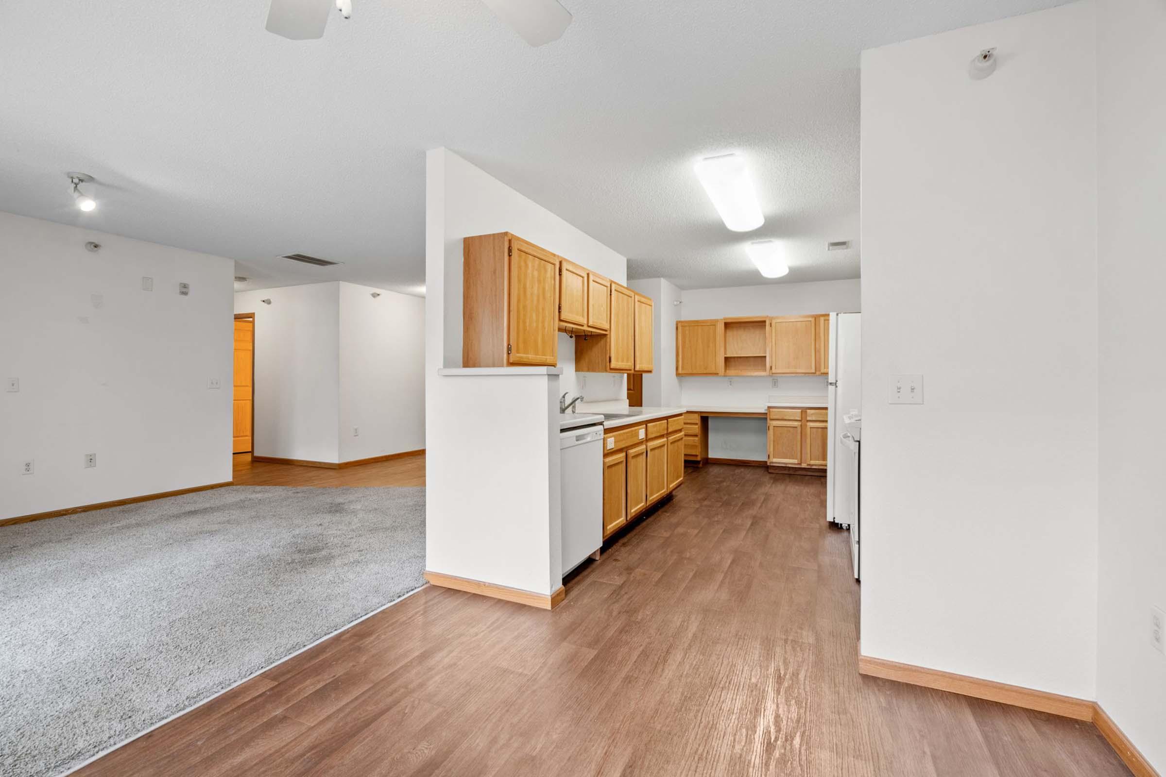 A spacious, well-lit kitchen and living area in an apartment. The kitchen features wooden cabinets, a countertop, and appliances, while the living room has carpeted flooring and light walls. The layout includes a doorway leading to another room, providing a seamless flow between spaces.
