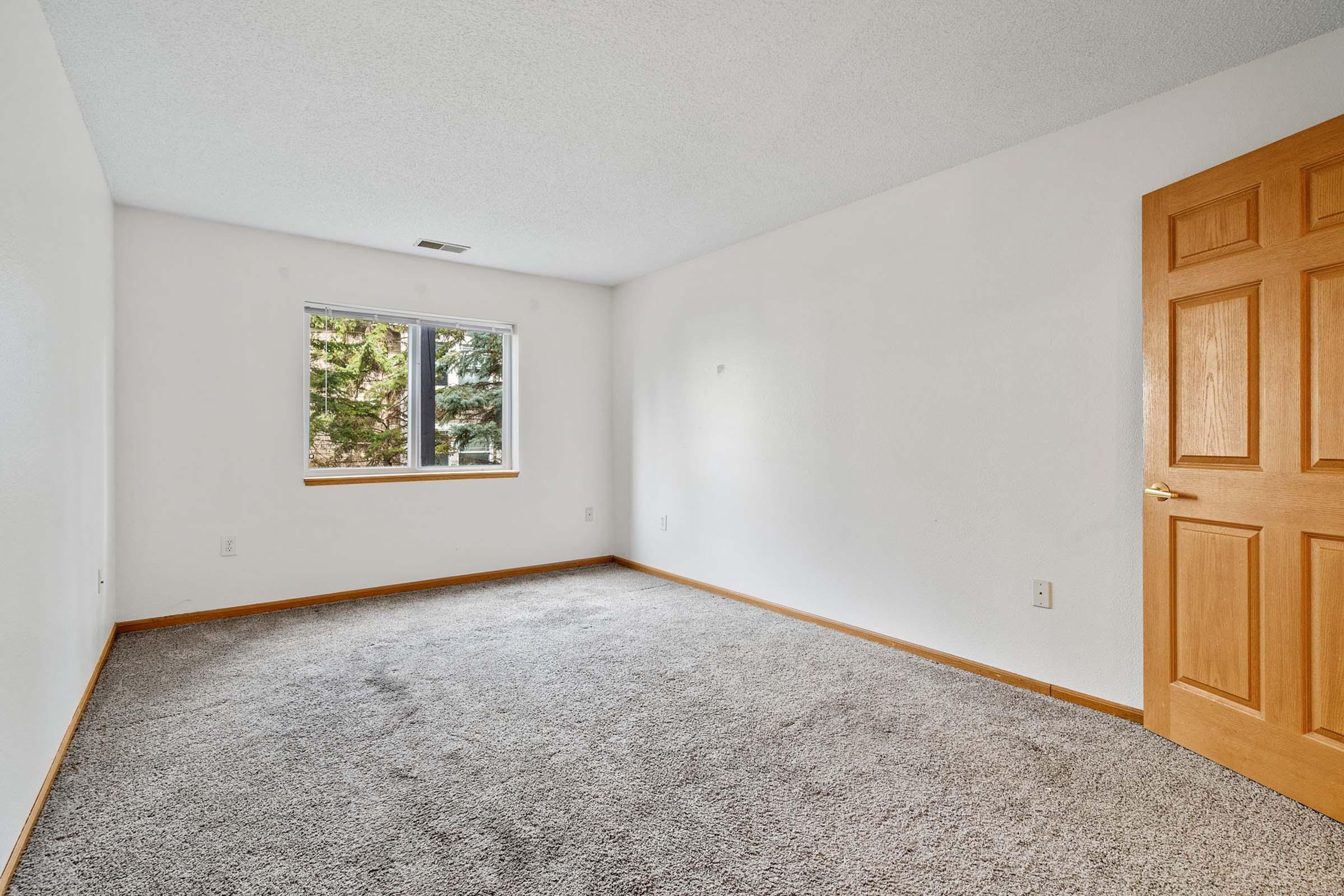 Empty room with light gray carpet and white walls. A wooden door is visible on the right side, and a window on the left allows natural light to enter. No furniture or decorations are present, creating a spacious and minimalistic atmosphere.