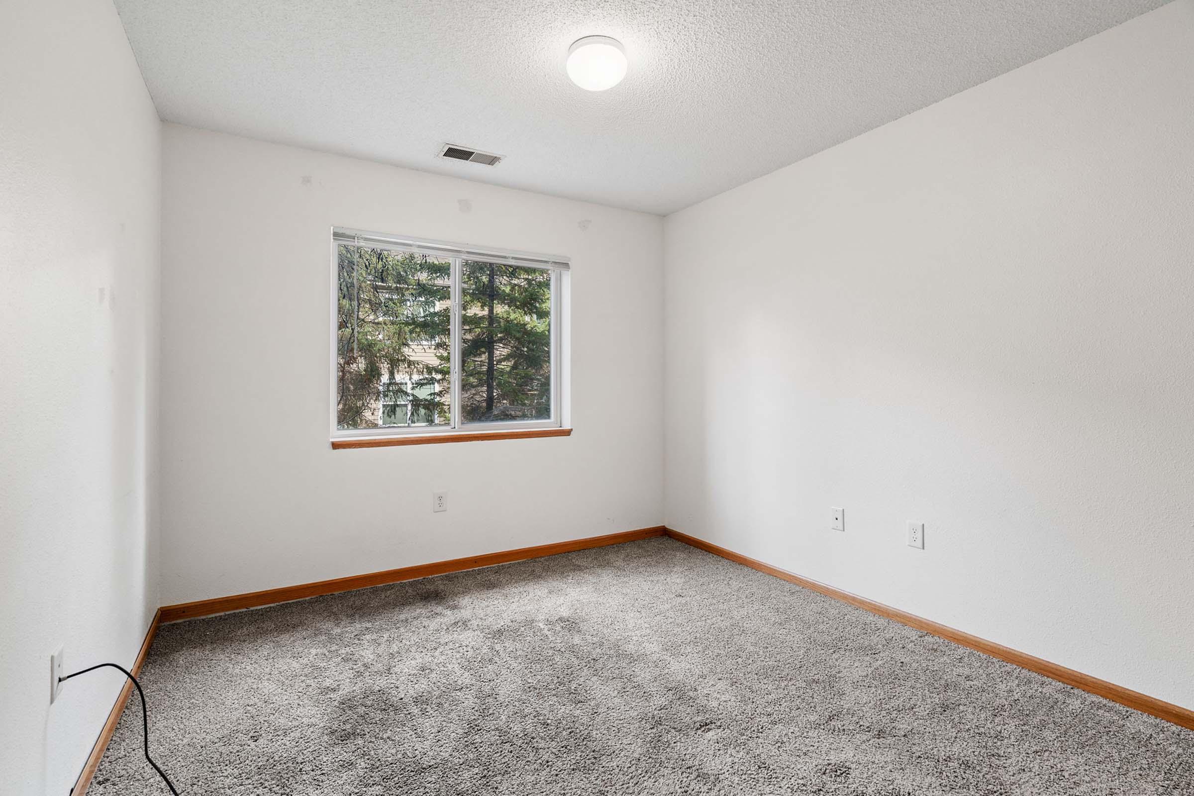 Empty room with light gray carpet and white walls. A single window lets in natural light, framed with wooden trim, and there is a ceiling light fixture. The space appears clean and unfurnished, with a smooth floor and minimal decor.