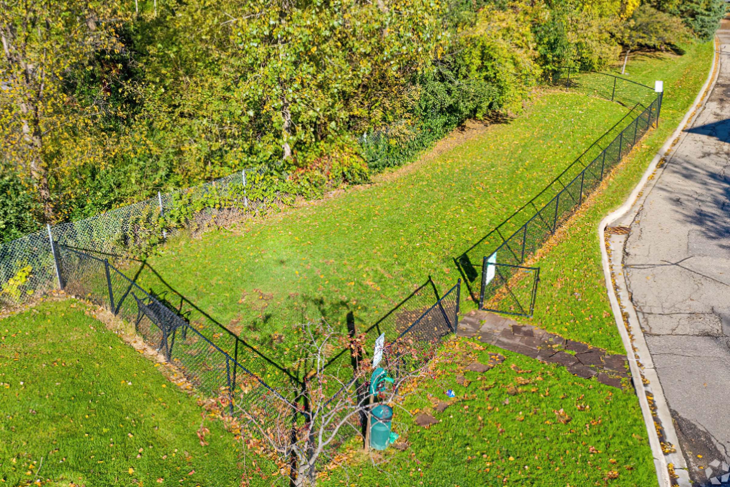 A grassy area enclosed by a black chain-link fence, with a walkway leading to a gate. The scene is surrounded by trees, showing signs of autumn foliage, and includes a green utility box near the path. The grass is dotted with fallen leaves, and a paved road curves alongside the fence.