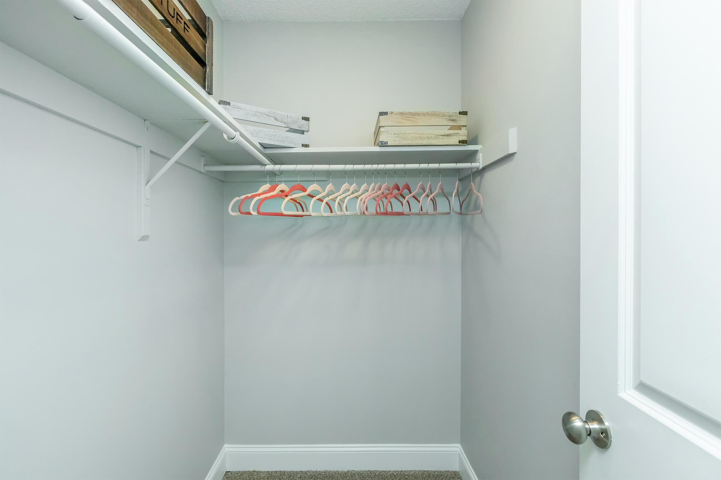 A clean, organized closet featuring a shelf with a few storage boxes and a rod with several colorful hangers. The walls are painted in a light gray color, and the floor is carpeted. The closet has a white door with a round doorknob.