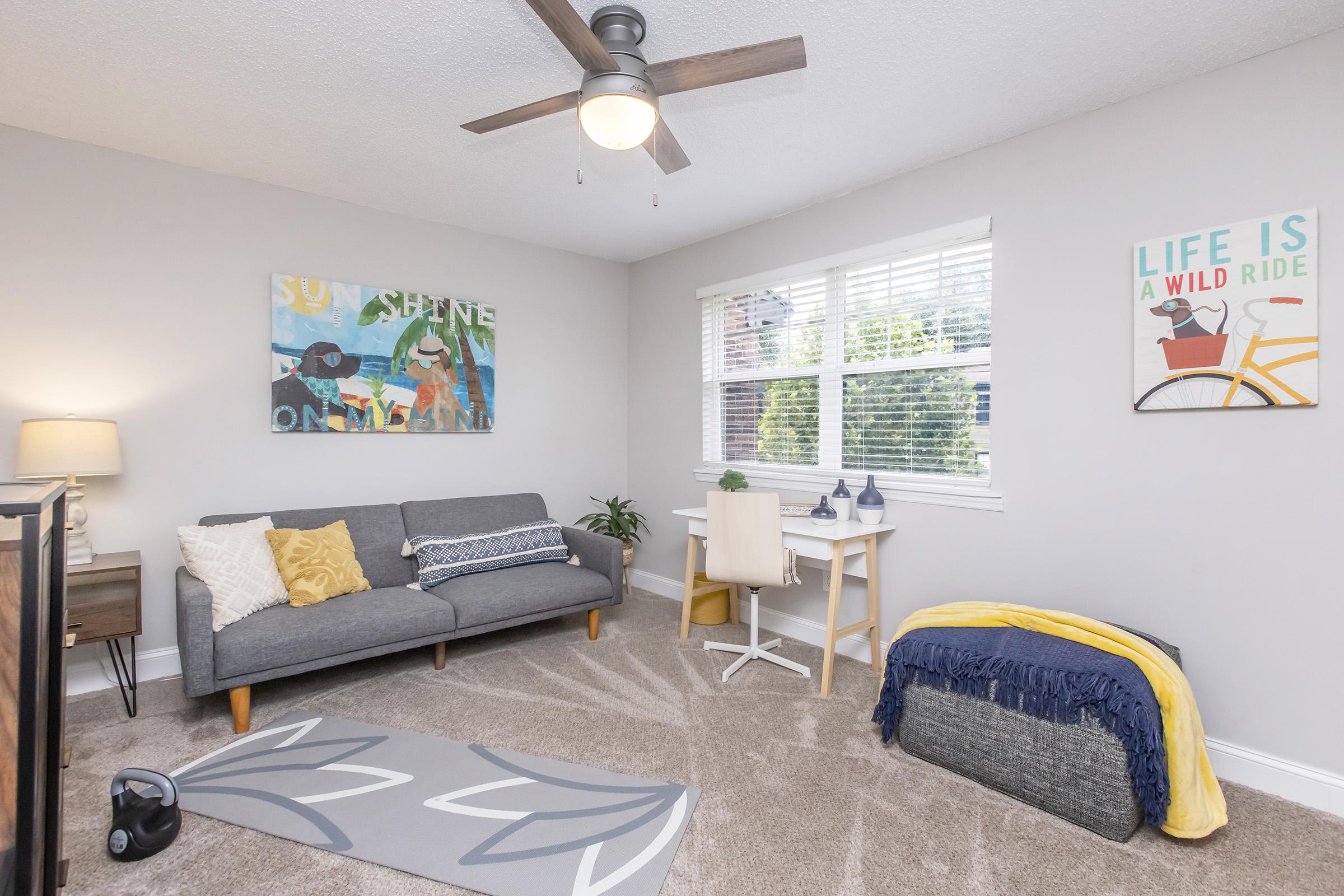 A cozy, well-lit room featuring a gray sofa with colorful cushions, a small desk with a chair, and a decorative throw. There are two wall art pieces: one depicting a vibrant scene and another with a bike and the phrase "LIFE IS A WILD RIDE." A potted plant and a workout mat are also present, adding to the inviting atmosphere.