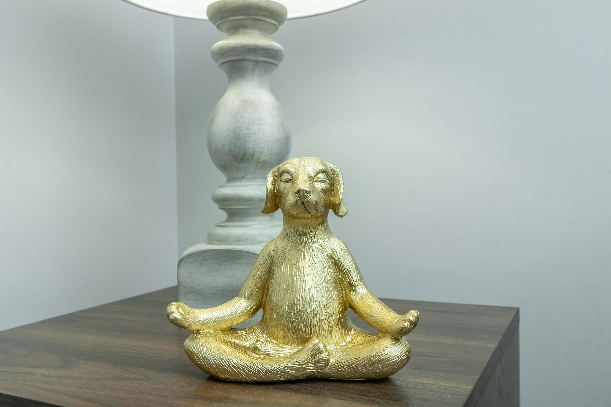 A golden dog figurine sitting in a meditative pose on a wooden table. A gray lamp stands in the background, creating a serene indoor atmosphere.