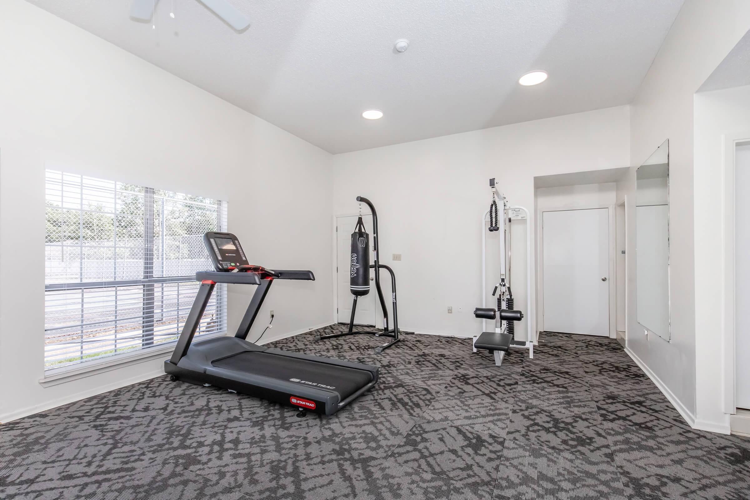 A spacious home gym featuring a treadmill, a punching bag, and a multi-station weight machine. Bright, well-lit with large windows allowing natural light. The room has gray carpet flooring and neutral-colored walls, creating an inviting atmosphere for exercise.