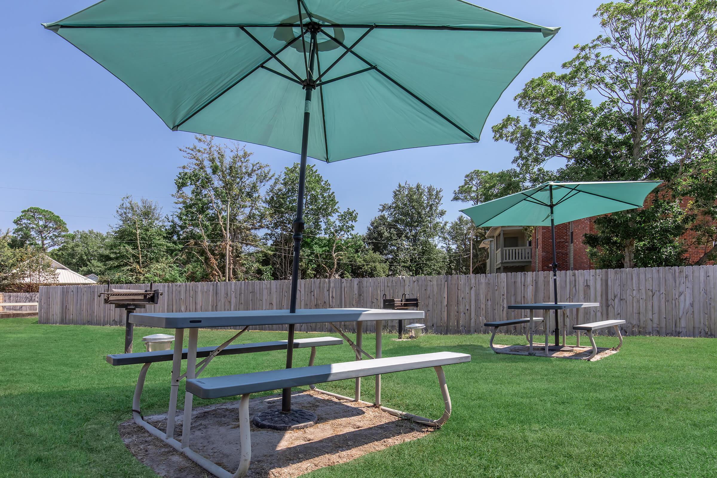 Two picnic tables with teal umbrellas sit on a grassy area, surrounded by trees and a wooden fence. In the background, there are barbecues and a building with a balcony. The scene is bright and sunny, creating a welcoming outdoor space for gatherings.