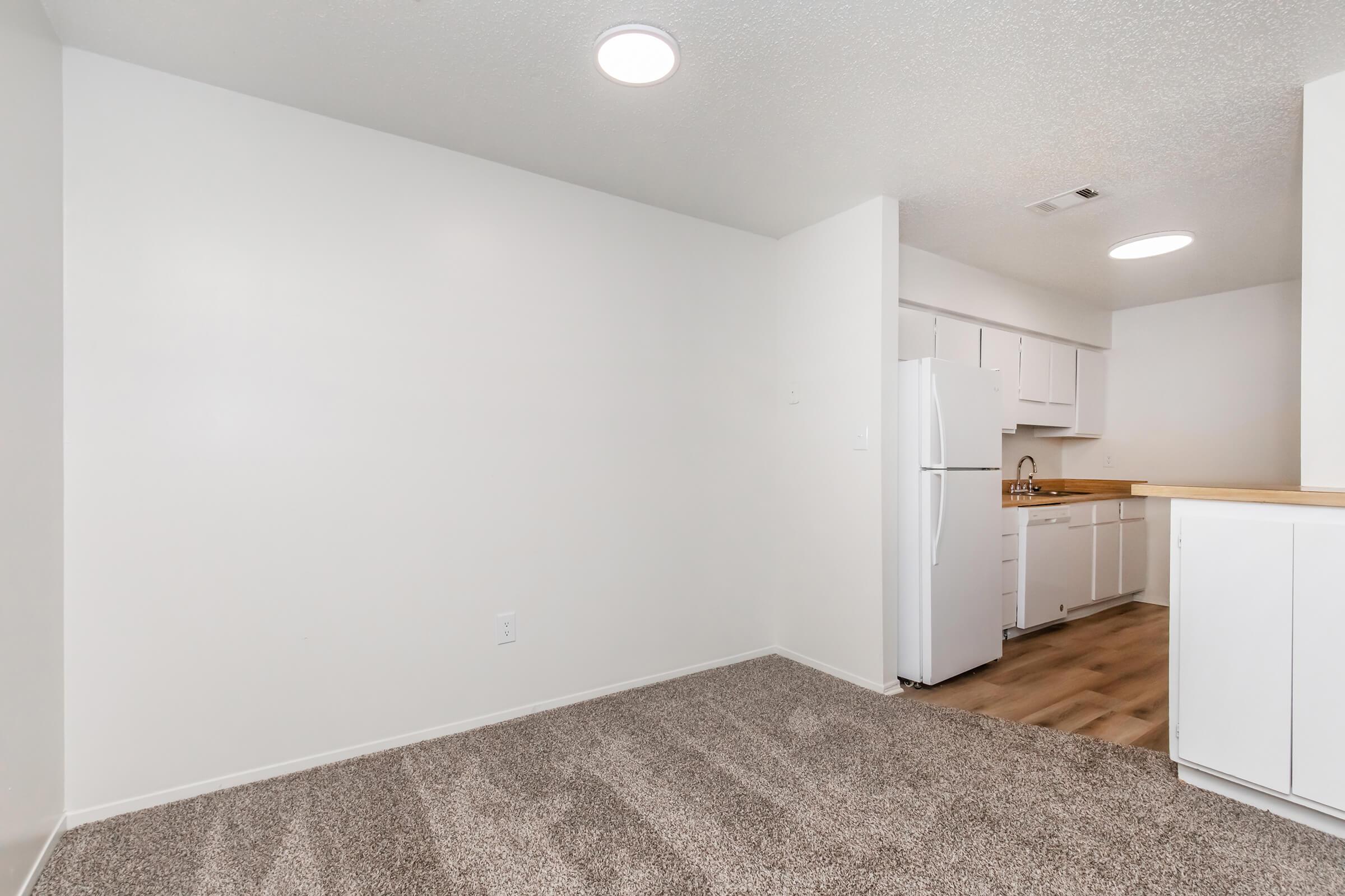 A spacious, partially furnished studio apartment featuring light-colored walls, carpeted flooring, and a kitchenette with white cabinets and a refrigerator. The open layout provides ample natural light, creating a bright and inviting atmosphere.