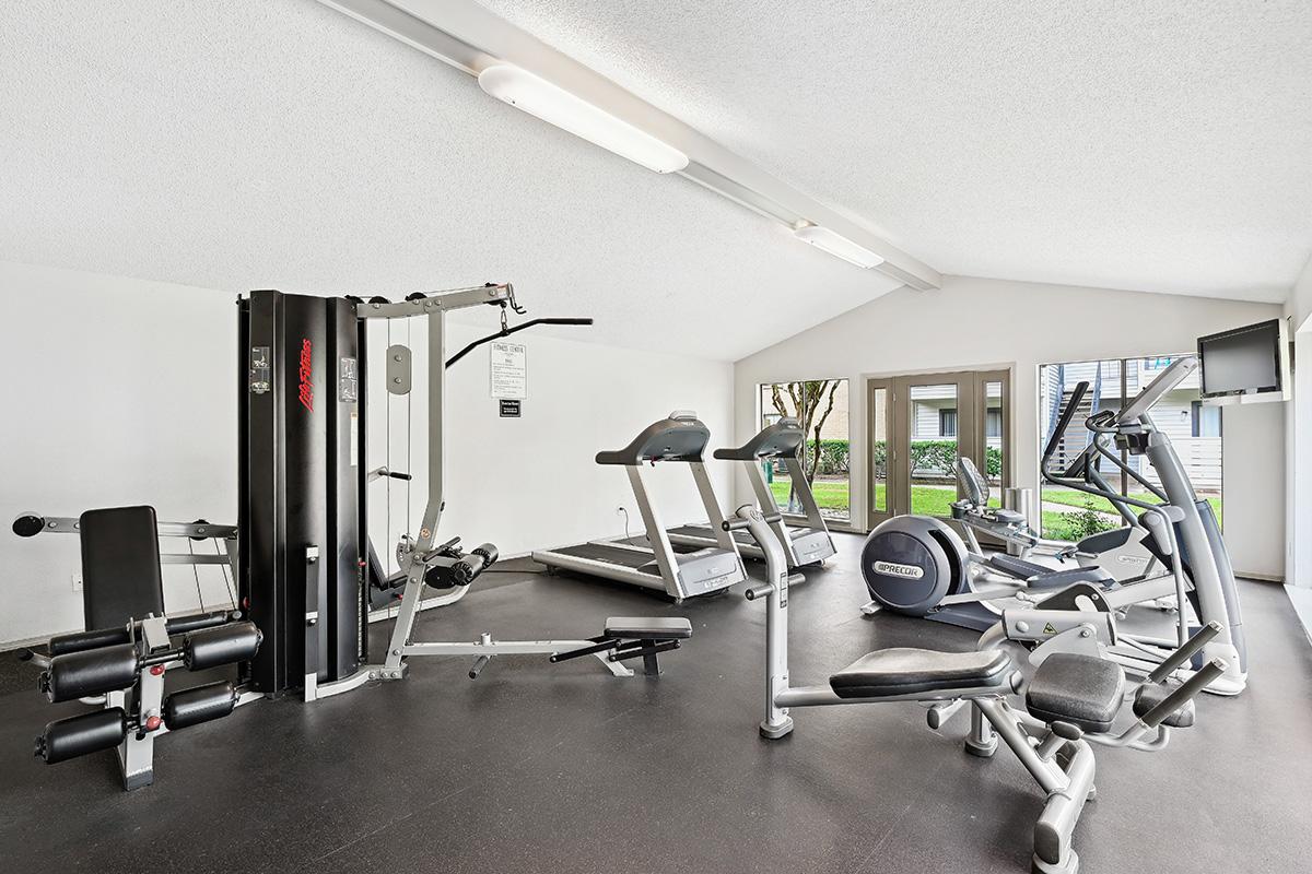 A modern gym interior featuring various exercise equipment, including a treadmill, elliptical machine, stationary bike, multi-use weight machine, and free weights. Large windows provide natural light, enhancing the spacious feel of the room.