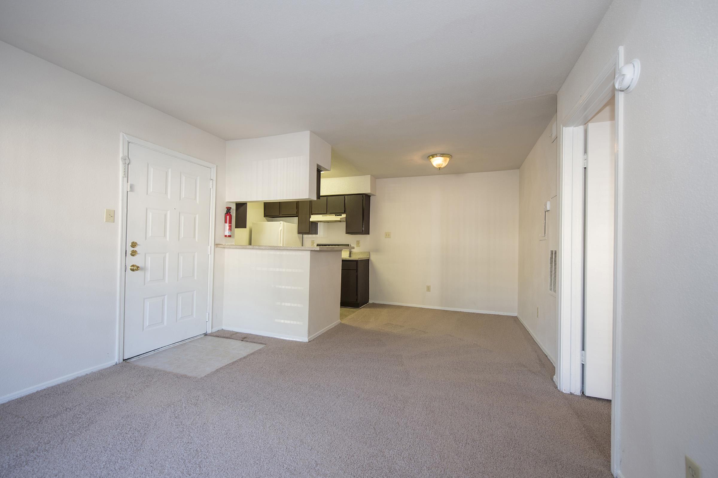 Interior view of an empty apartment featuring a carpeted living area, a closed front door, and a kitchen area with dark cabinetry and light countertops in the background. The walls are painted a light color, and there is a ceiling light fixture visible.