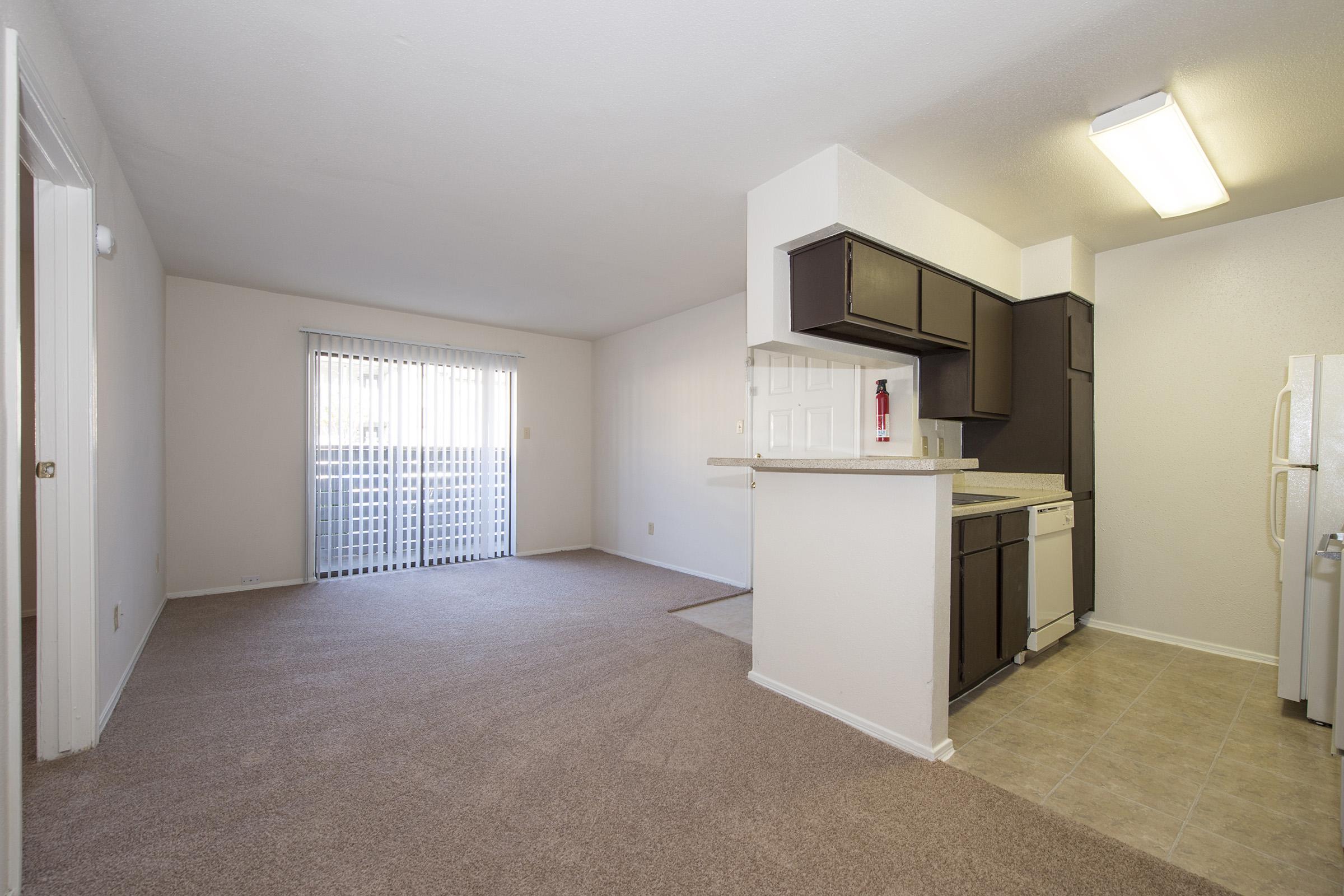An interior view of an empty apartment showcasing a carpeted living area and a small kitchen. The kitchen features dark cabinetry, a countertop, and white appliances. A sliding glass door leads to a balcony, and there's ample natural light in the space. Neutral-colored walls complete the setting.