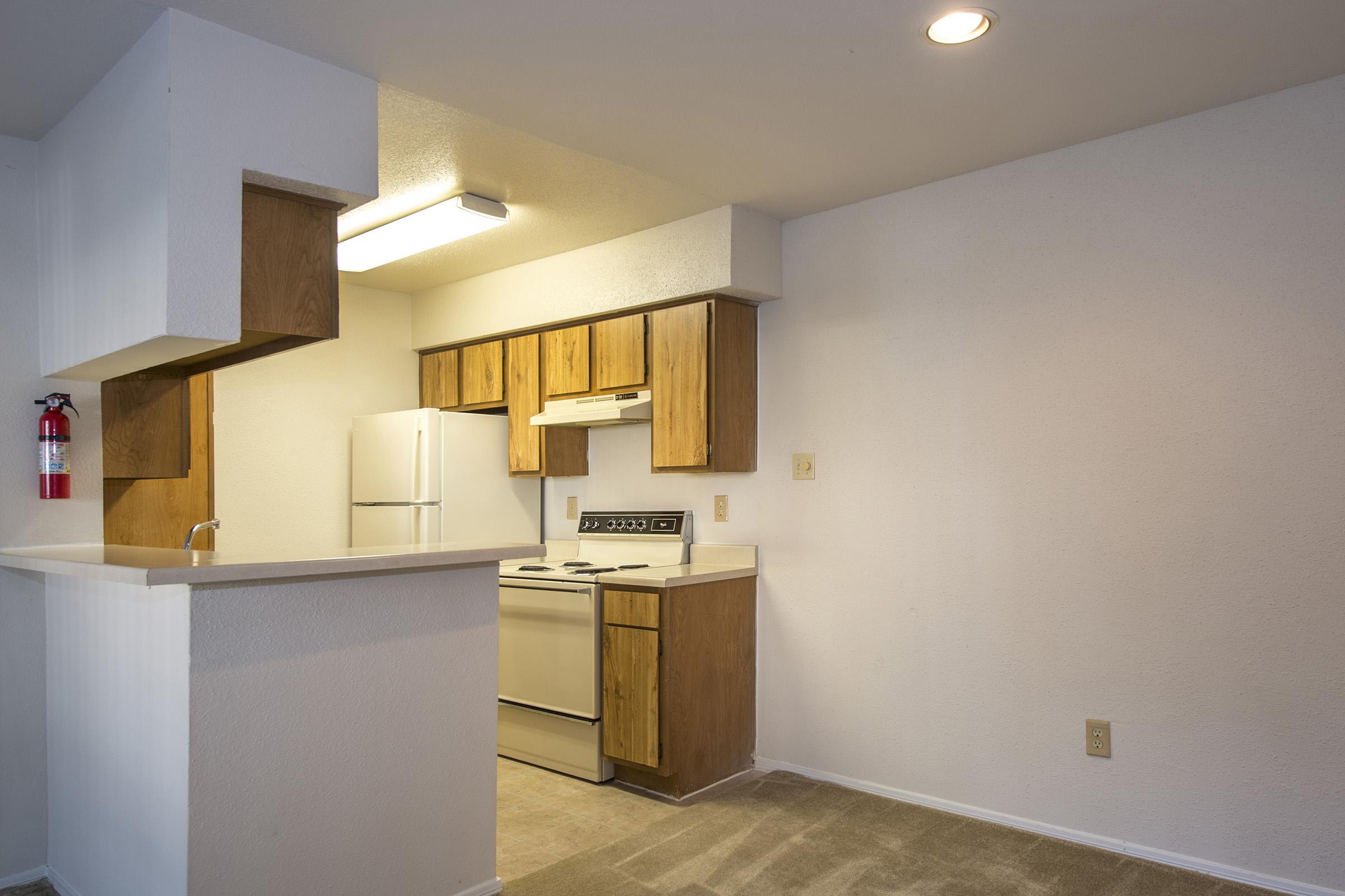 Interior view of a small kitchen featuring wooden cabinets, a white stove, a refrigerator, and a countertop. The walls are painted white, and the floor is carpeted. A fire extinguisher is mounted on the wall, and there's overhead lighting. The space is well-lit and has a simple, functional design.