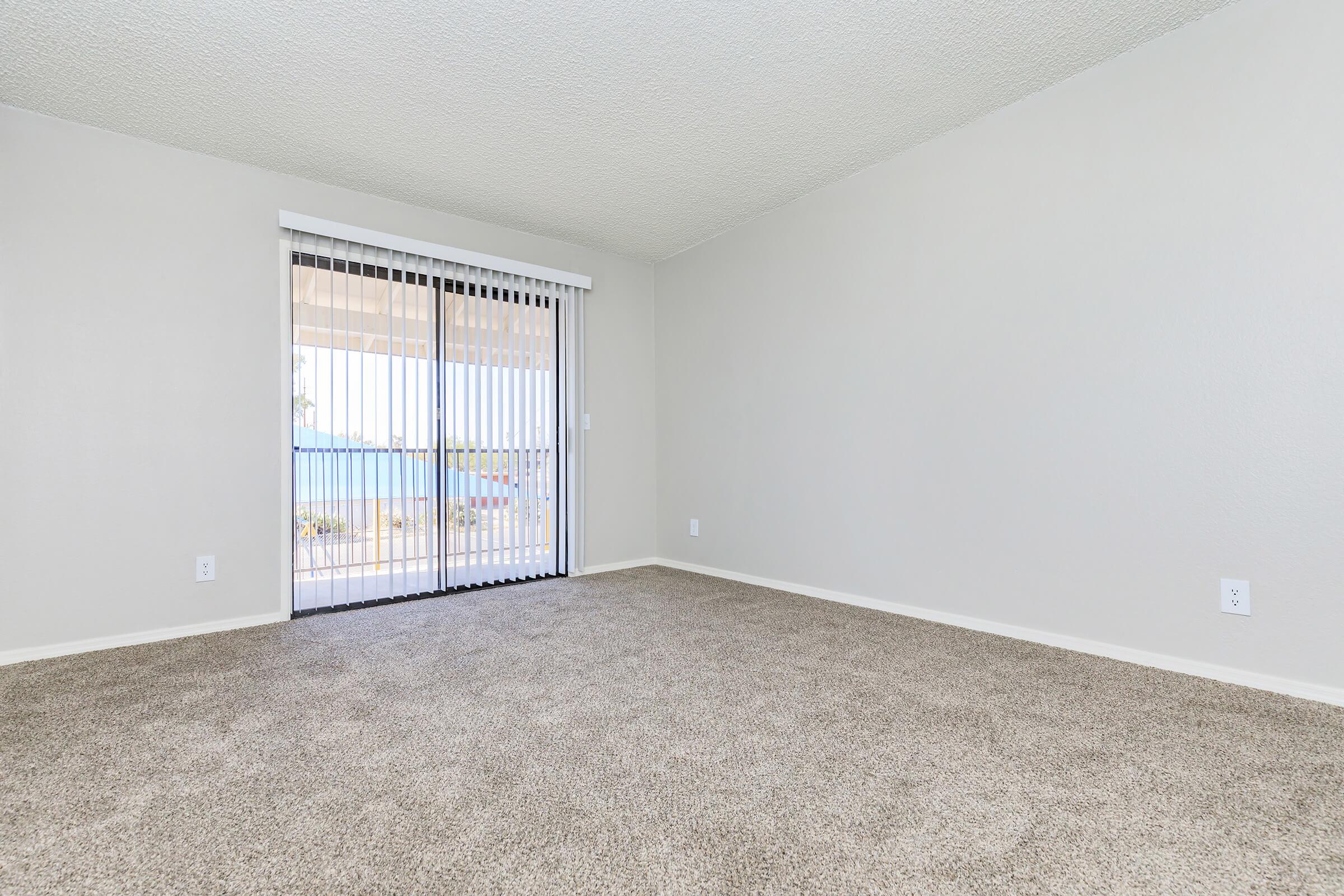 A spacious, empty room with light beige carpet flooring and a textured ceiling. A large sliding glass door with vertical blinds leads to an outdoor area. The walls are painted in a soft neutral color, providing a bright and open atmosphere. Ideal for potential furniture arrangement and decor.