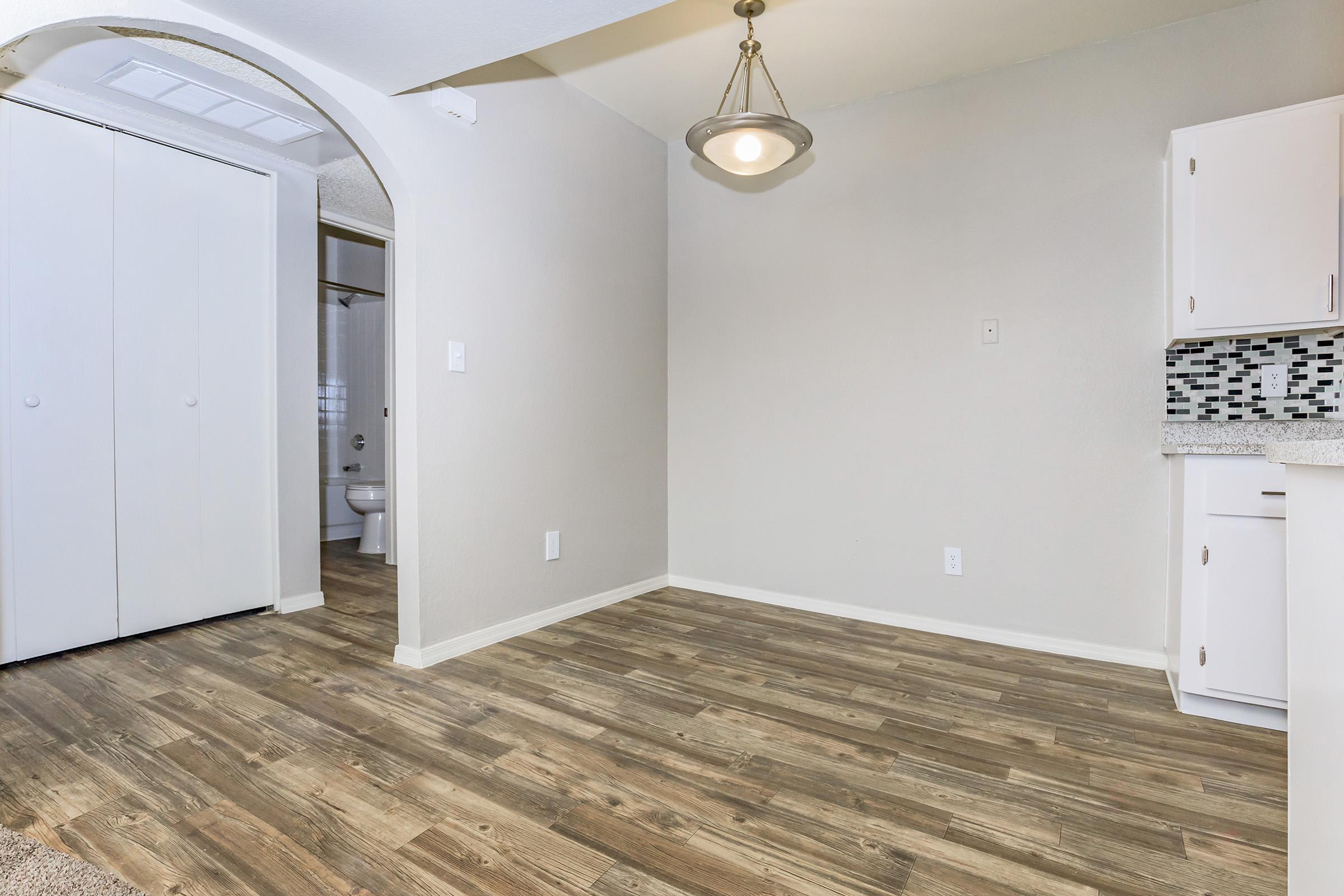 Interior view of a spacious room featuring light-colored walls, a wooden floor, and a stylish overhead light fixture. To the left, there's a closet with sliding doors. In the background, a bathroom door is visible. The room appears well-lit and modern, with a clean, minimalist design.