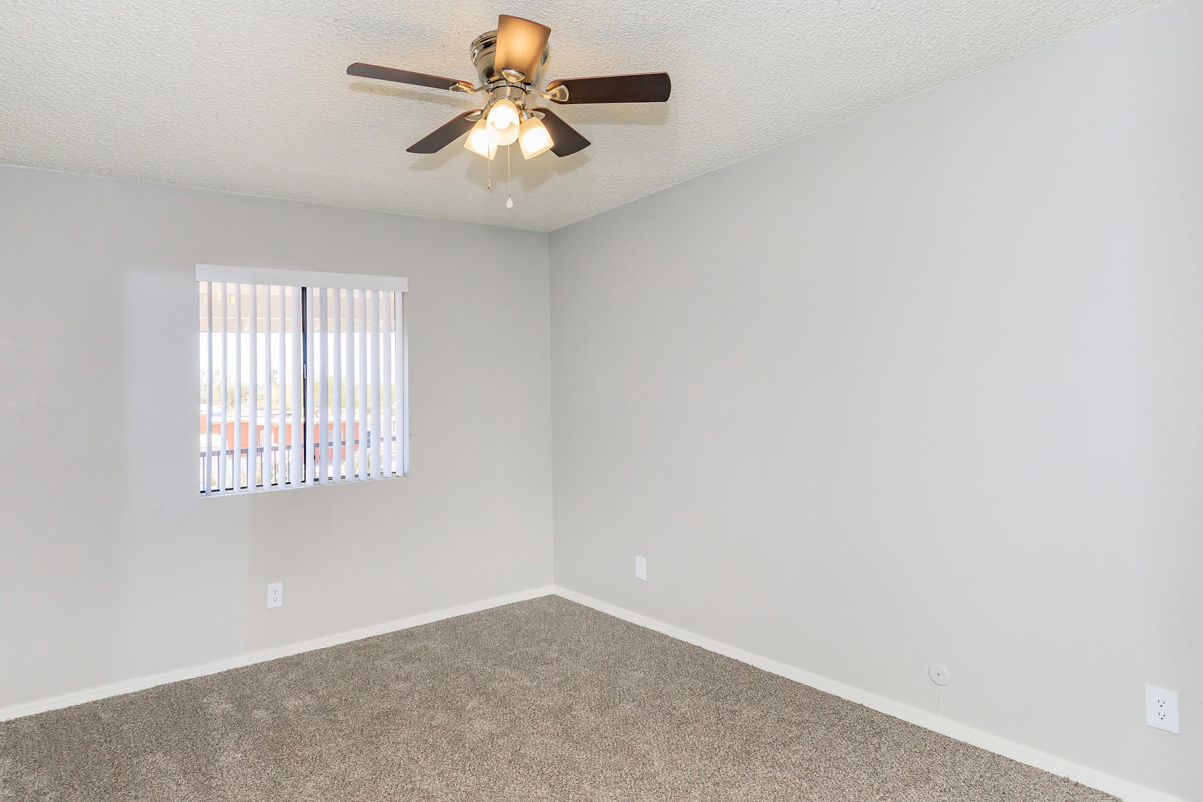 Empty room with light gray walls and a ceiling fan with four lights. There is a window with horizontal blinds allowing natural light. The floor is covered with plush beige carpet. The room has minimal decor, creating a clean and spacious feel.
