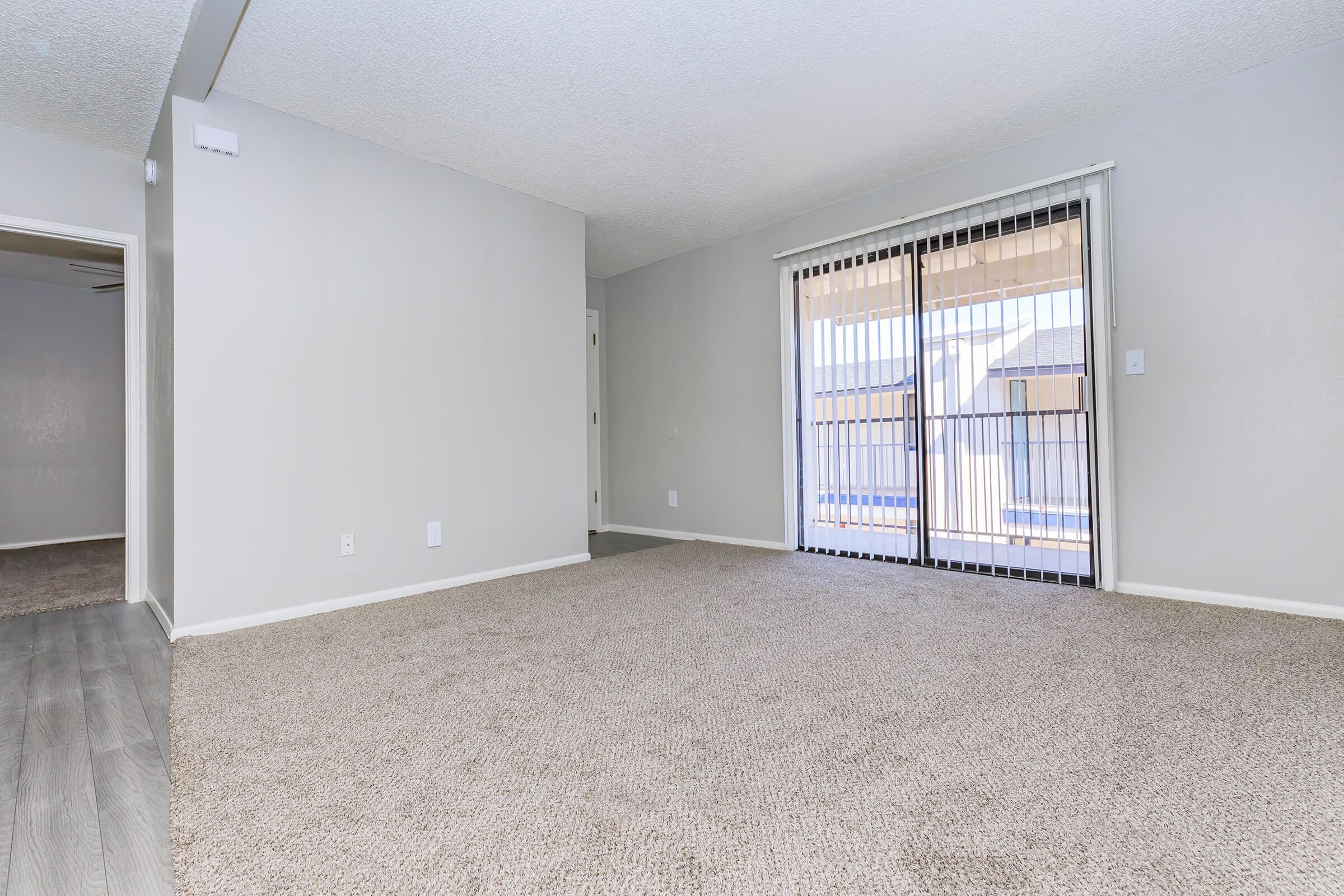 Spacious empty living room with light gray walls and beige carpet. There is a sliding glass door leading to a balcony, allowing natural light to enter. The room features modern baseboards and a simple, uncluttered design, creating a bright and inviting atmosphere.