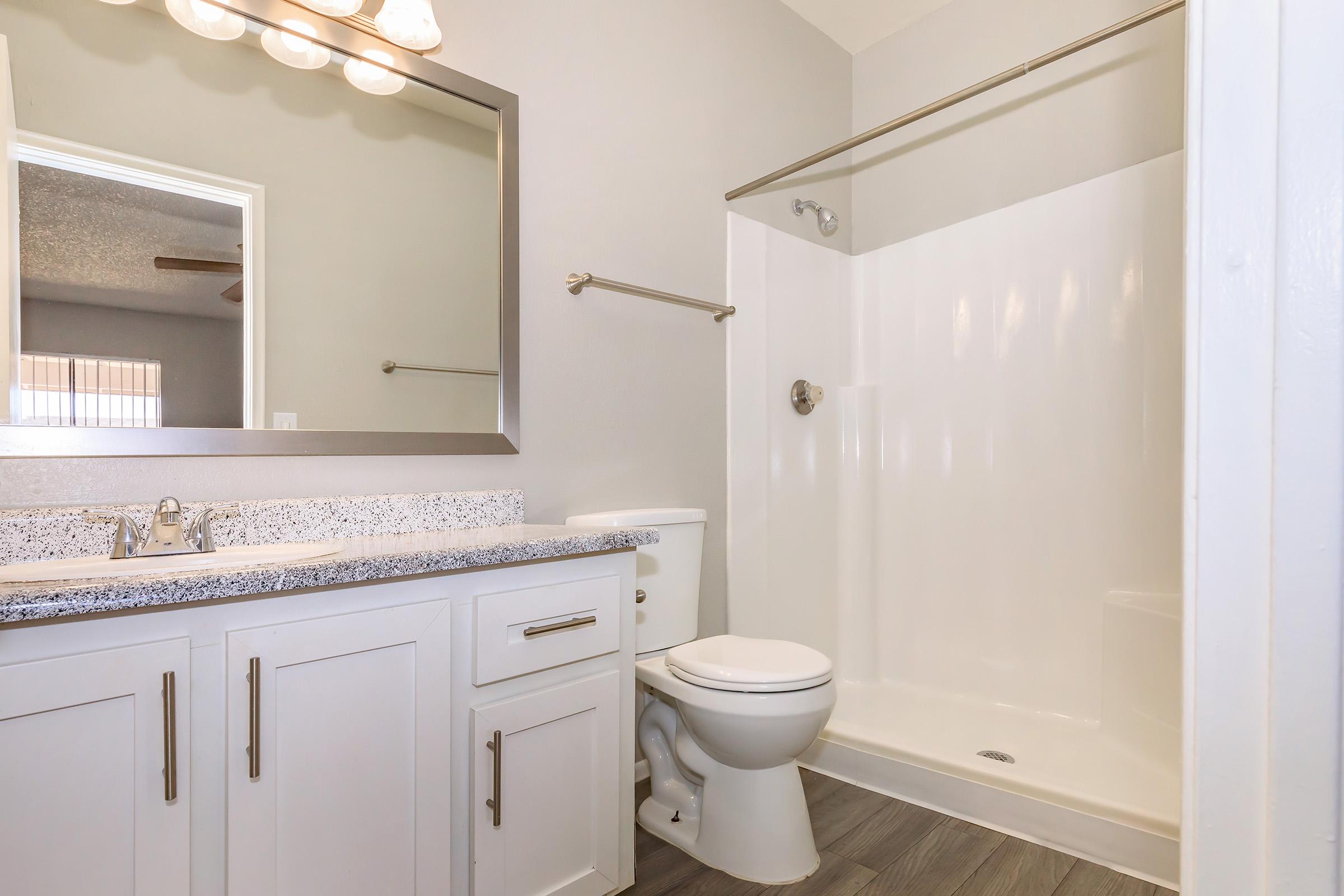A modern bathroom featuring a white shower stall with a clear glass door, a sink with a gray countertop, and a toilet. The walls are painted light gray, and a large mirror hangs above the sink. Natural light enters through a window in the background. The floor has a wood-like finish.