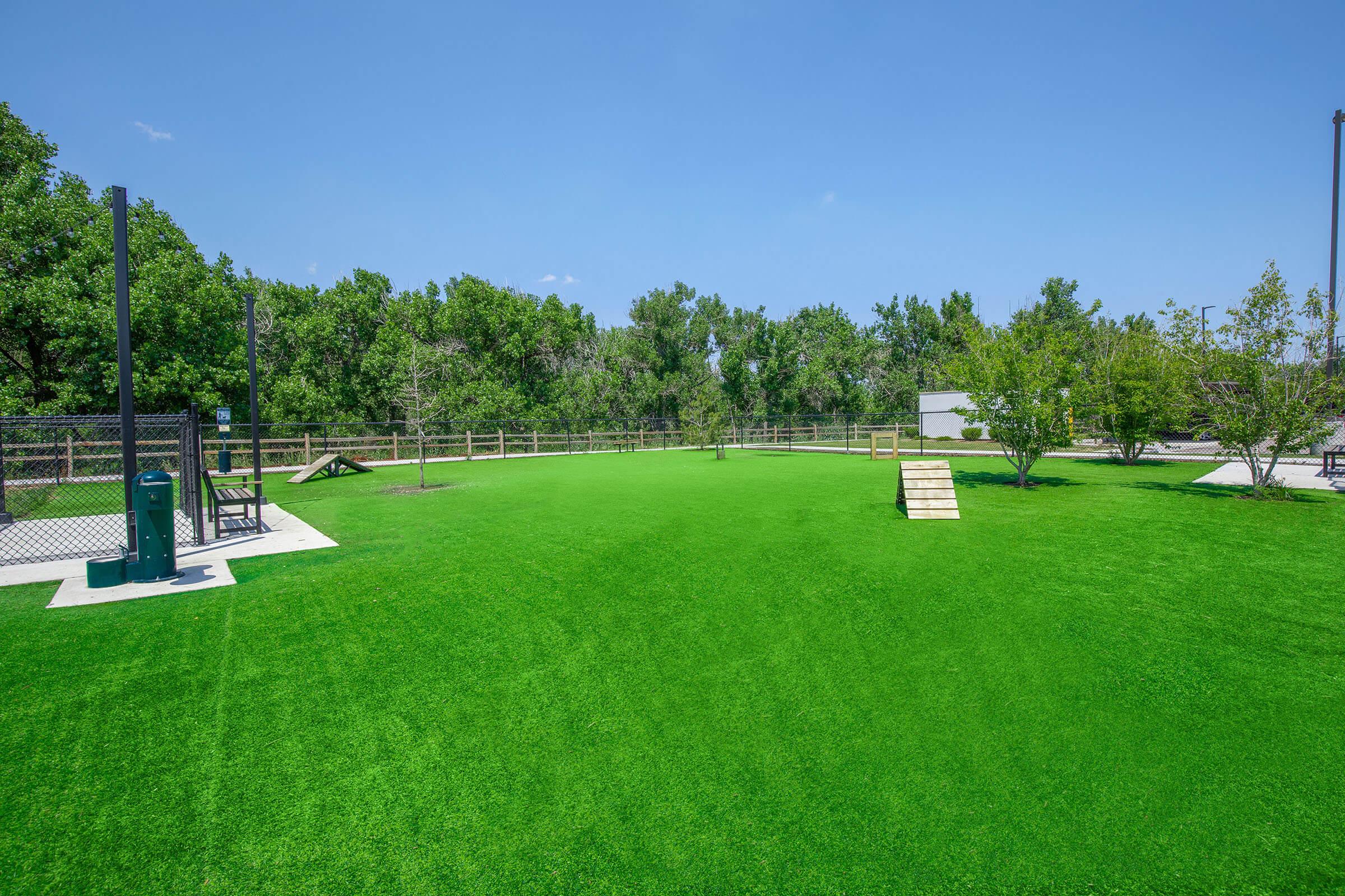 a group of lawn chairs sitting on top of a lush green field