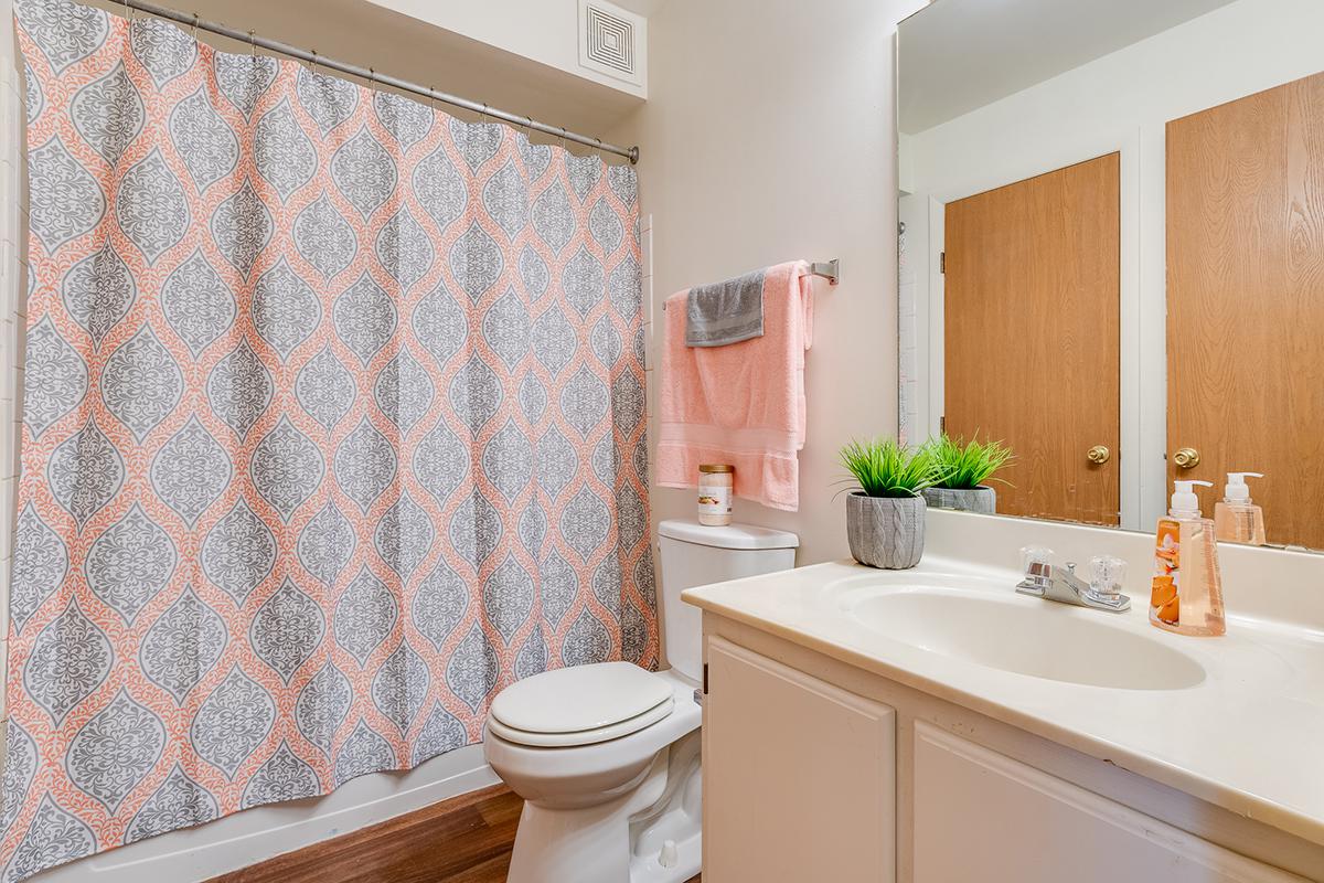a shower curtain with a white tub sitting next to a sink