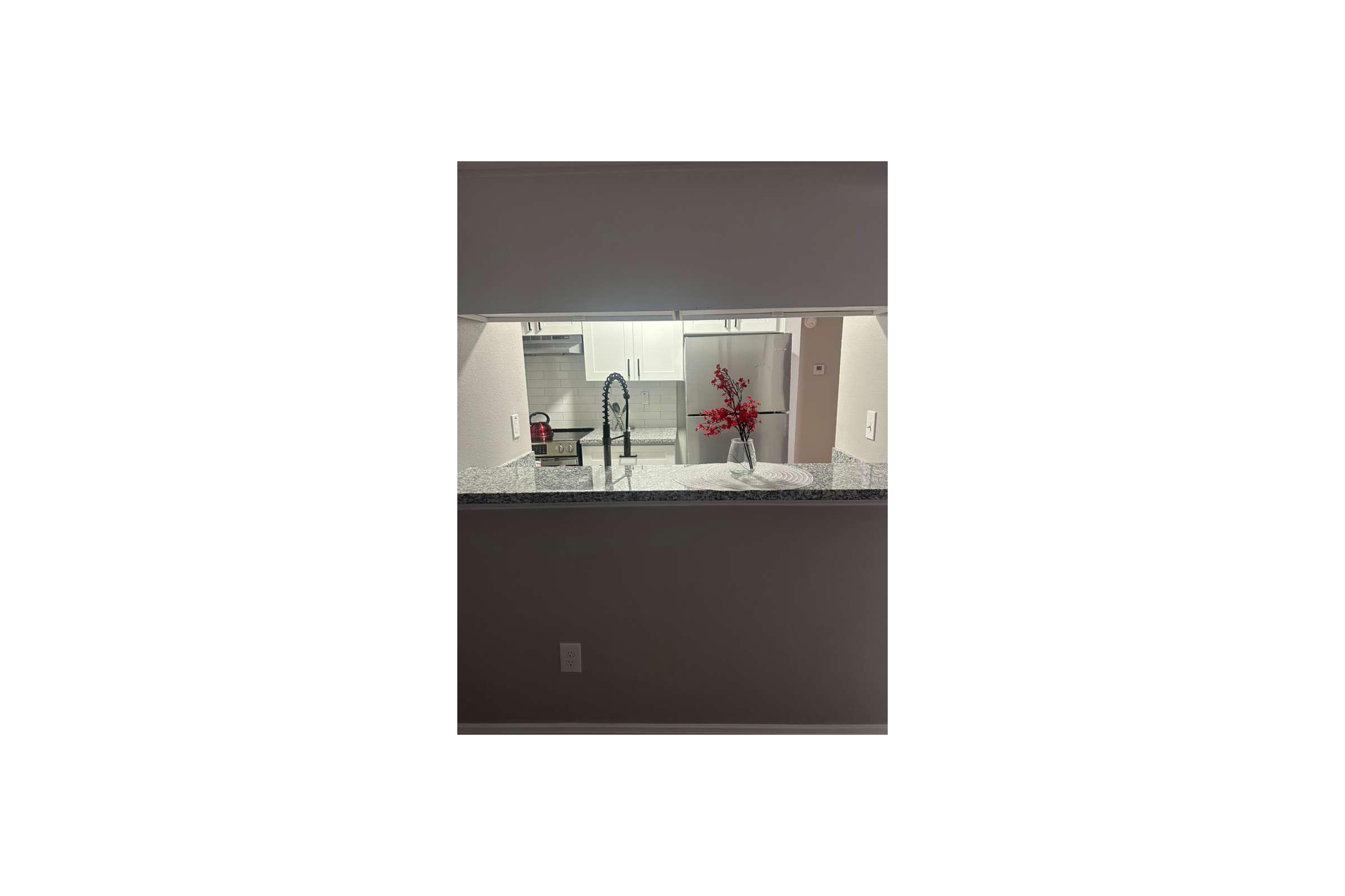 A modern kitchen view through a window with a granite countertop. A sleek black faucet is in the foreground, accompanied by a vase with red flowers. In the background, cabinets and appliances are visible, suggesting a clean and contemporary space.