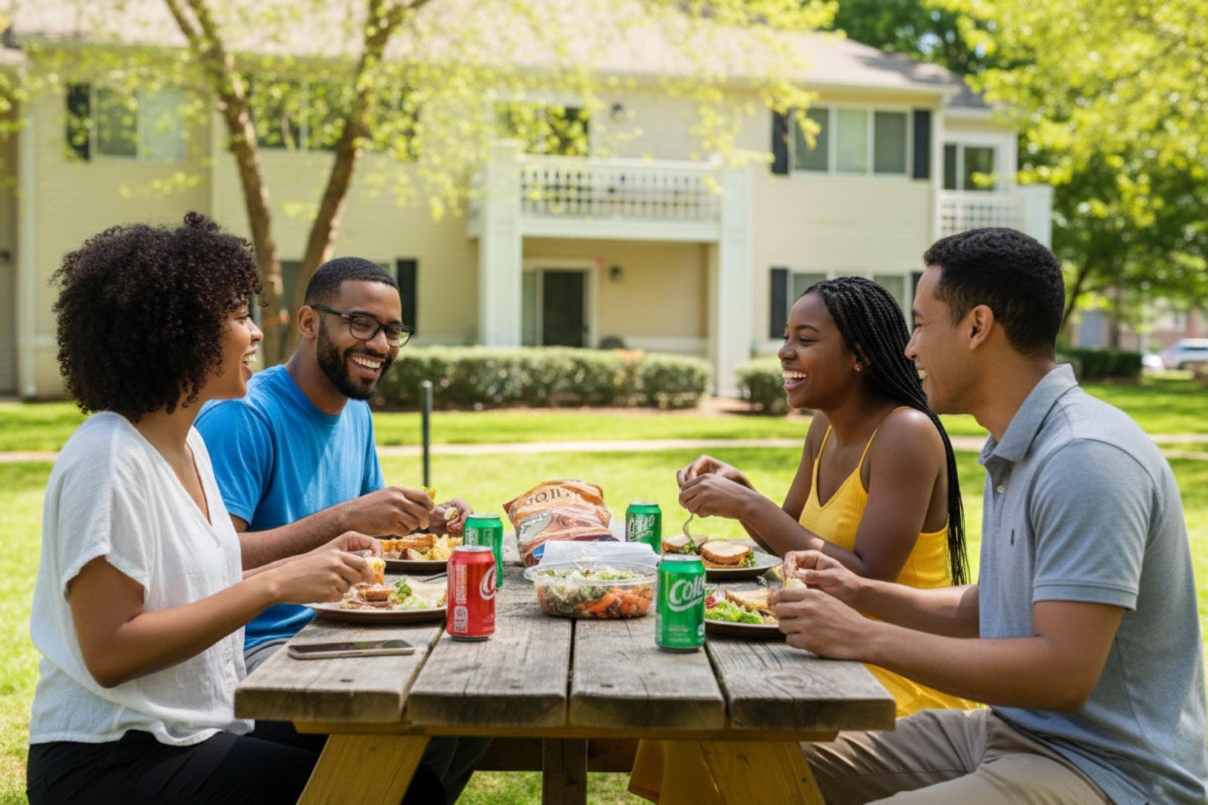 Four friends enjoying a meal outdoors at a picnic table, laughing and sharing food. They are seated in a park-like area with grass and trees, and a residential building is visible in the background. Two are holding soft drinks, and plates of food are on the table. The scene conveys a sense of friendship and summer leisure.