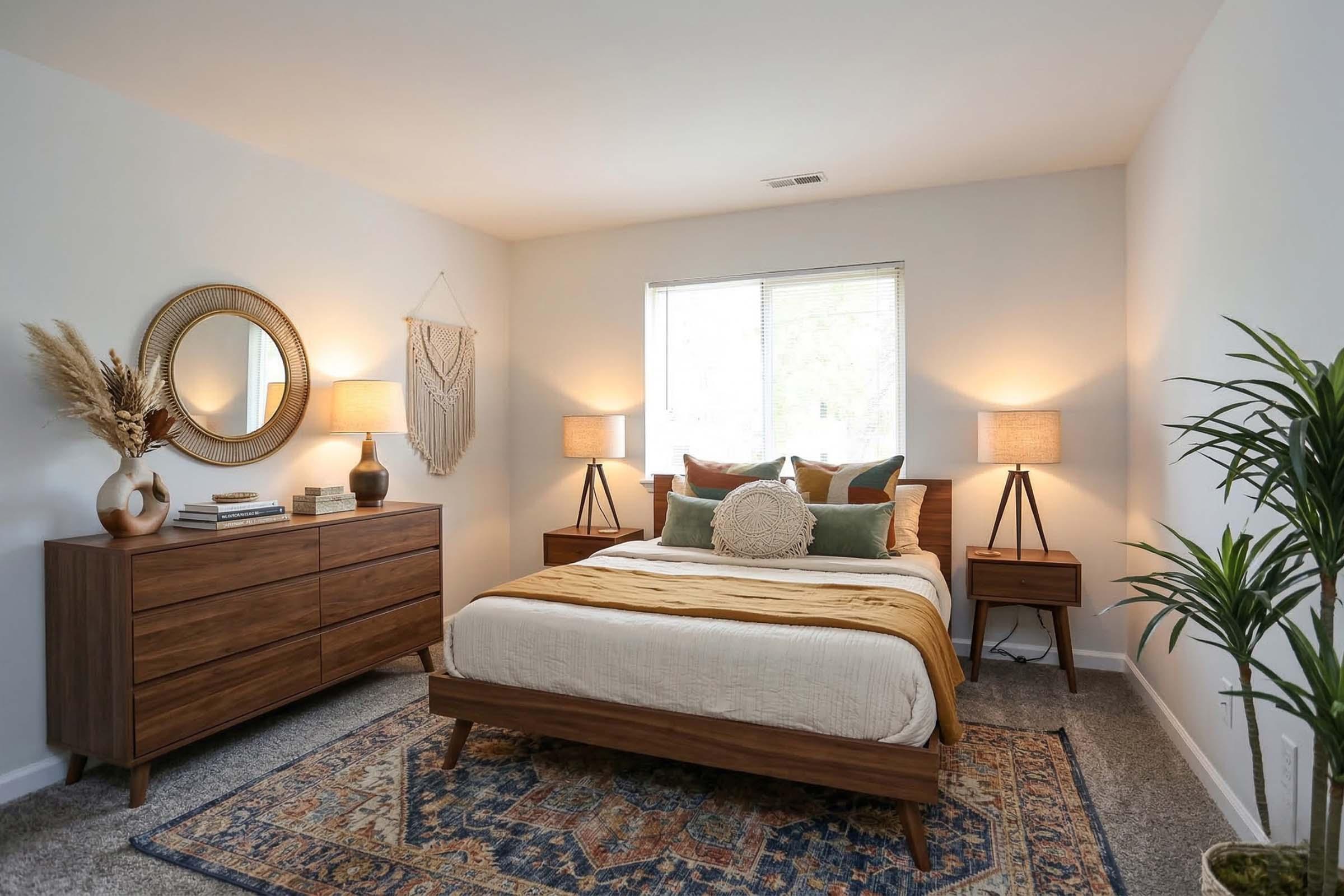A cozy and stylish bedroom featuring a wooden bed frame with a beige and mustard-colored bedspread. There are bedside tables with lamps, a large round mirror on the wall, and decorative elements like a wall hanging and plants. A patterned area rug adds warmth to the space. Natural light enters through a window.