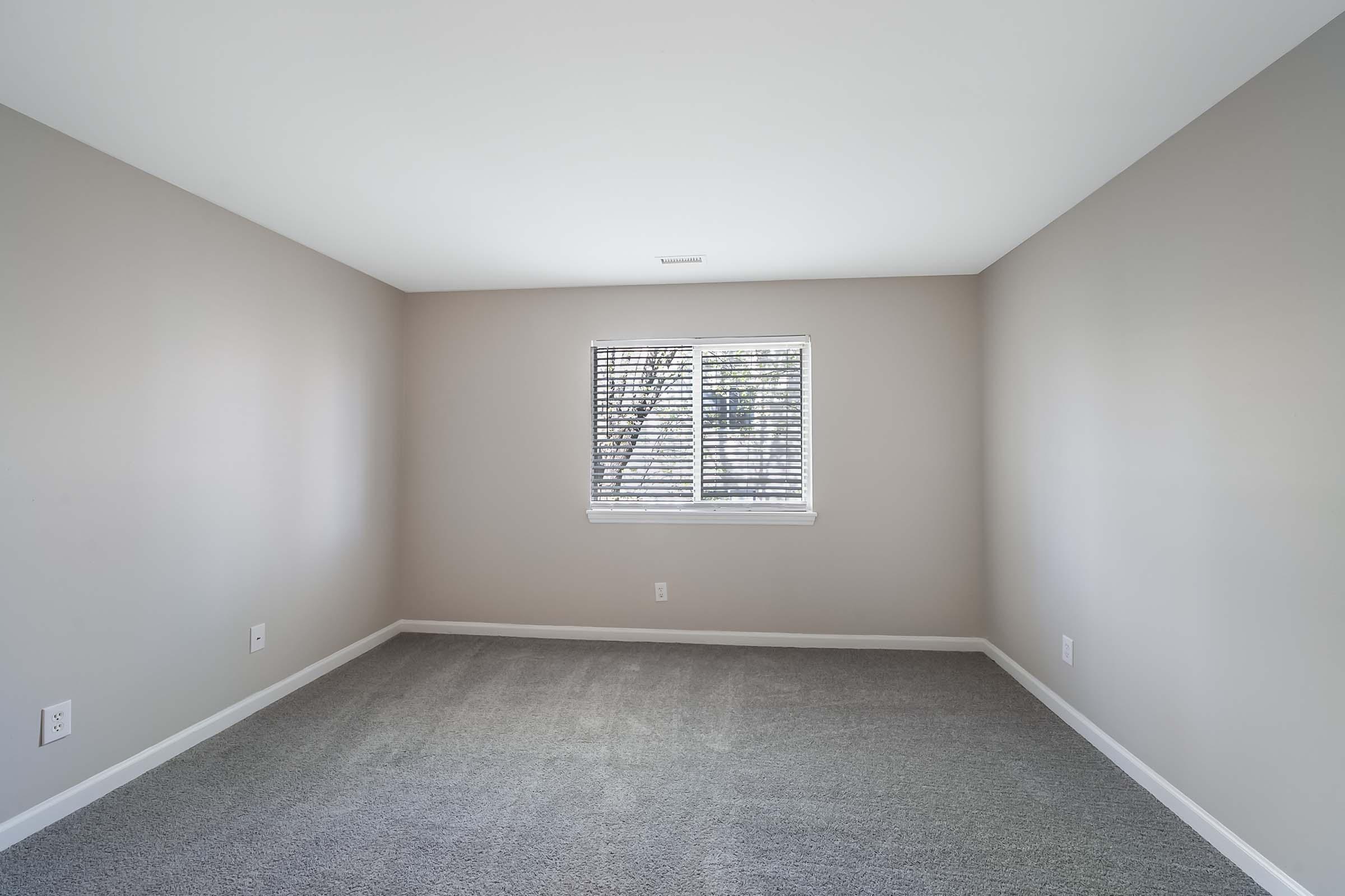 Empty room with light gray carpet and neutral beige walls. A window with horizontal blinds allows natural light to enter, illuminating the space. The room is devoid of furniture, creating a blank canvas feel.