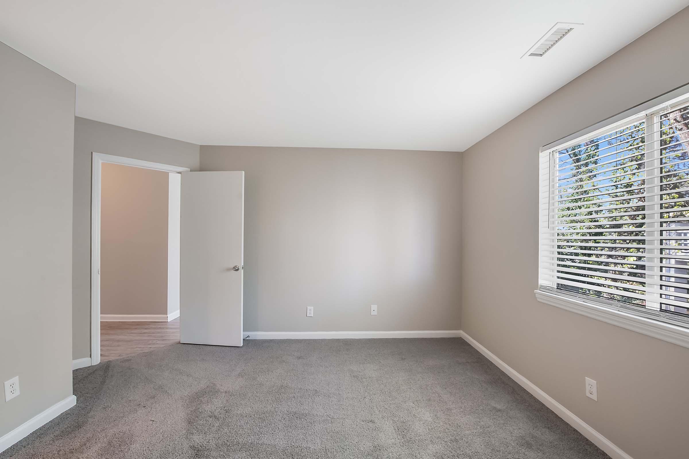 Empty room with light gray walls and beige carpet. A large window with white blinds allows natural light in, and there's a partially open white door leading to another space. The room has a minimalistic design and conveys a sense of openness.