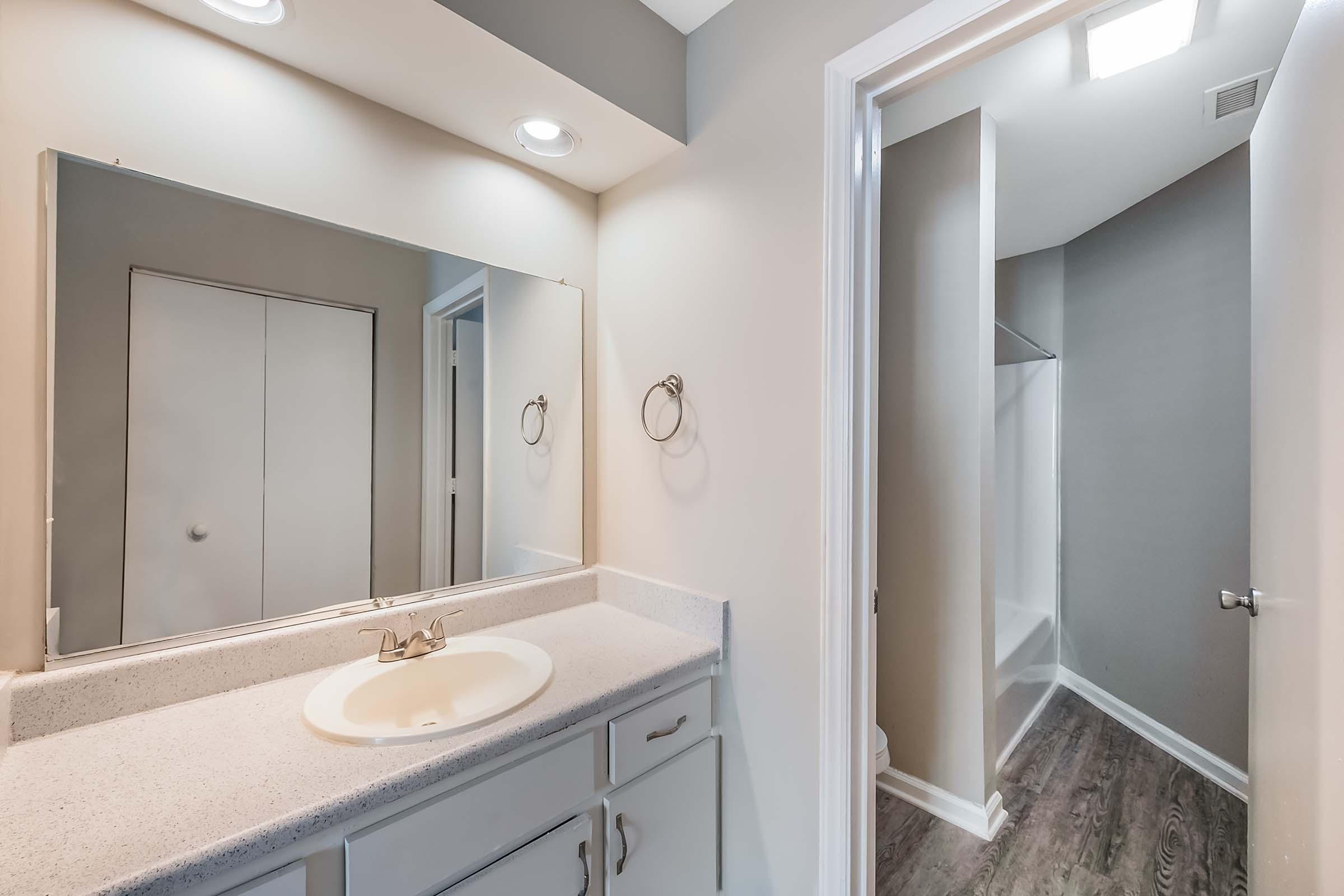 A small bathroom featuring a light-colored countertop with a sink, a large mirror above it, and a simple faucet. The walls are painted in neutral tones, and a partially open door leads to a closet or shower area on the right. The flooring is a modern laminate, adding a contemporary touch to the space.