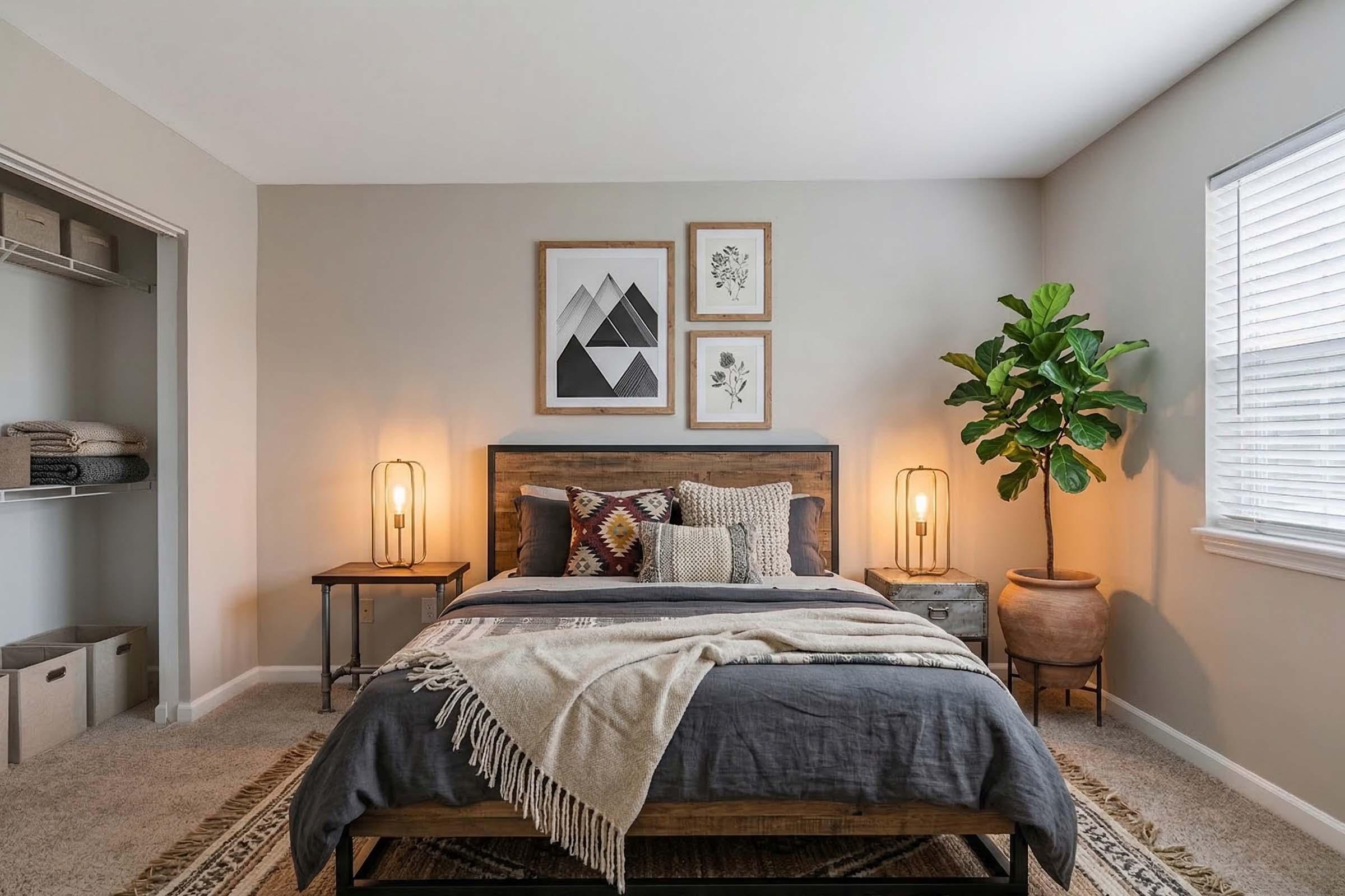 A cozy and modern bedroom featuring a wooden bed frame with gray bedding, decorative pillows, and a woven throw. There are two stylish bedside lamps, framed artwork on the wall, and a green potted plant. A closet with neatly arranged storage is visible in the background, and a plush area rug adds warmth to the space.