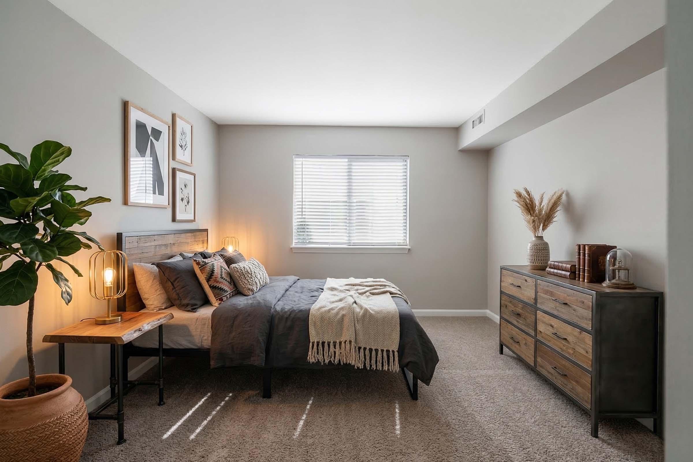 A modern bedroom featuring a neatly made bed with gray bedding and decorative pillows. There's a wooden headboard, a bedside table with a stylish lamp, and a potted plant. A dresser stands against the wall, surrounded by framed artwork. Natural light enters through a window with blinds, creating a warm atmosphere.