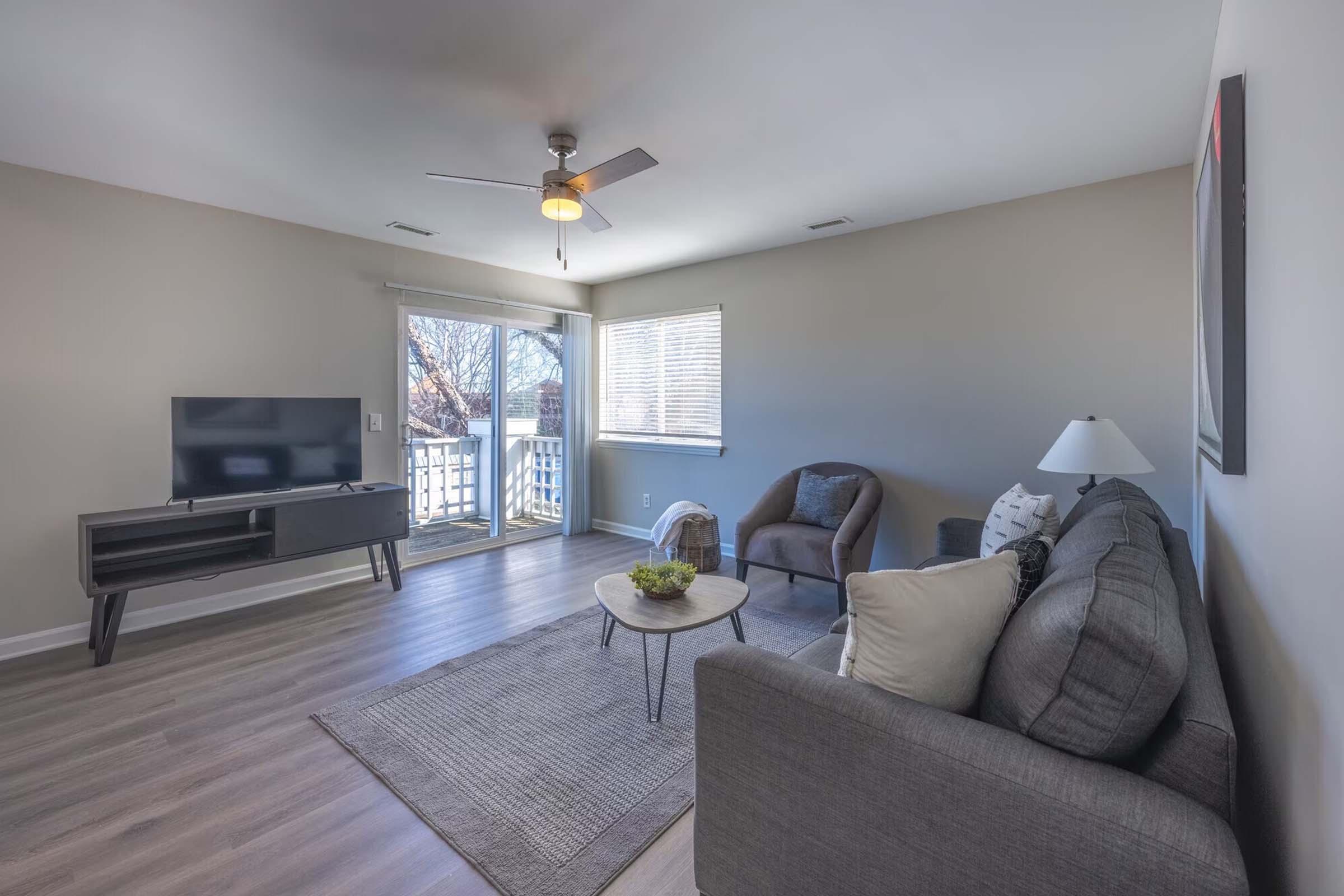 A modern living room featuring a gray sofa and armchair, a small round table with a plant, and a flat-screen TV on a black cabinet. Natural light streams through a window with white blinds, leading to a balcony. The floor is wooden, and the walls are painted a light neutral color.