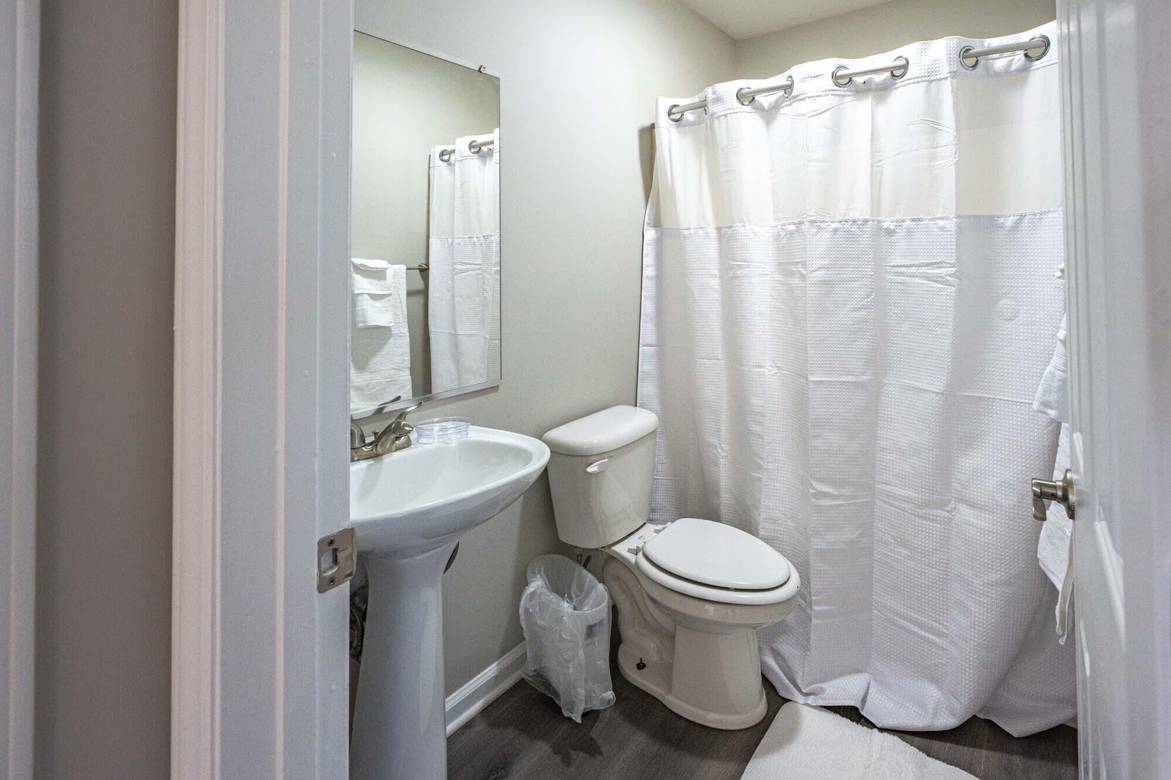 A small bathroom featuring a white shower curtain, a clean toilet, a pedestal sink with a mirror above it, and a wastebasket nearby. The walls are painted light and the flooring is a neutral tone, creating a simple and tidy atmosphere.