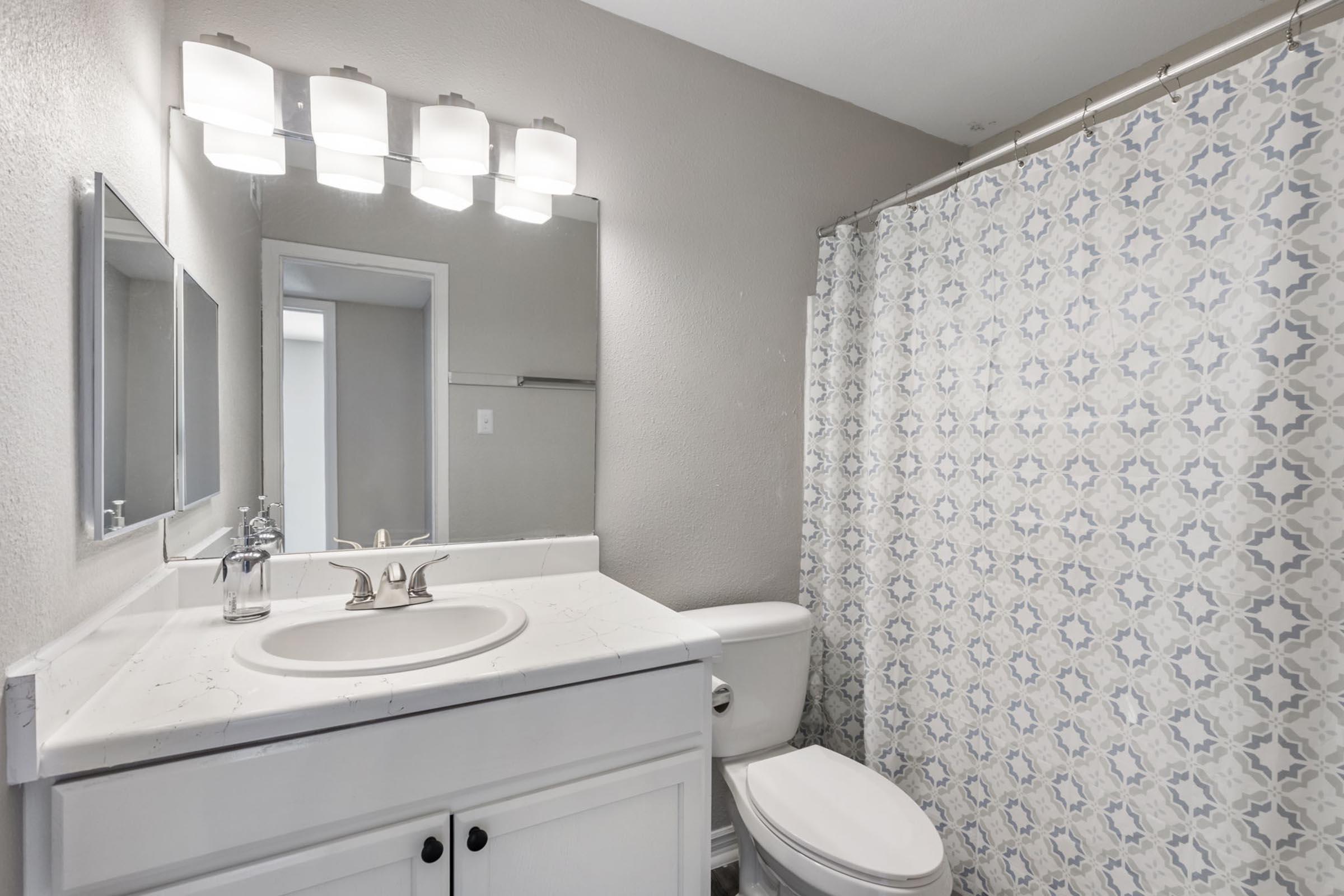 A clean and modern bathroom featuring a white sink with a silver faucet, a rectangular wall mirror, and a shower with a decorative curtain. The walls are painted in a light gray color, and there is a toilet against the wall. Soft lighting is provided by a fixture above the mirror.