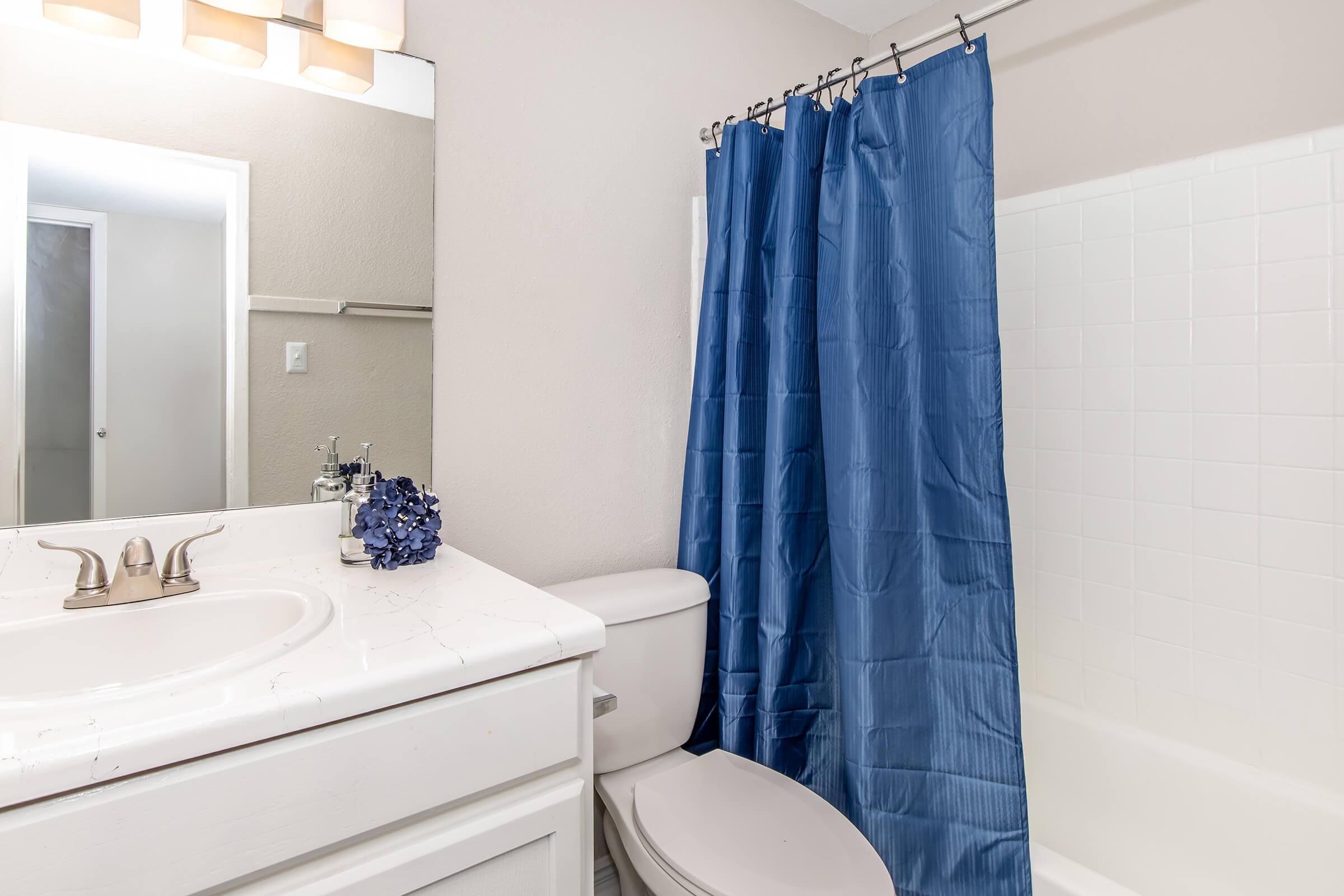 A clean and modern bathroom featuring a white vanity with a sink, a blue shower curtain, a toilet, and a bathtub. A small floral decoration sits on the countertop. The walls are painted in a light neutral color, and there's a mirror above the sink with soft lighting.