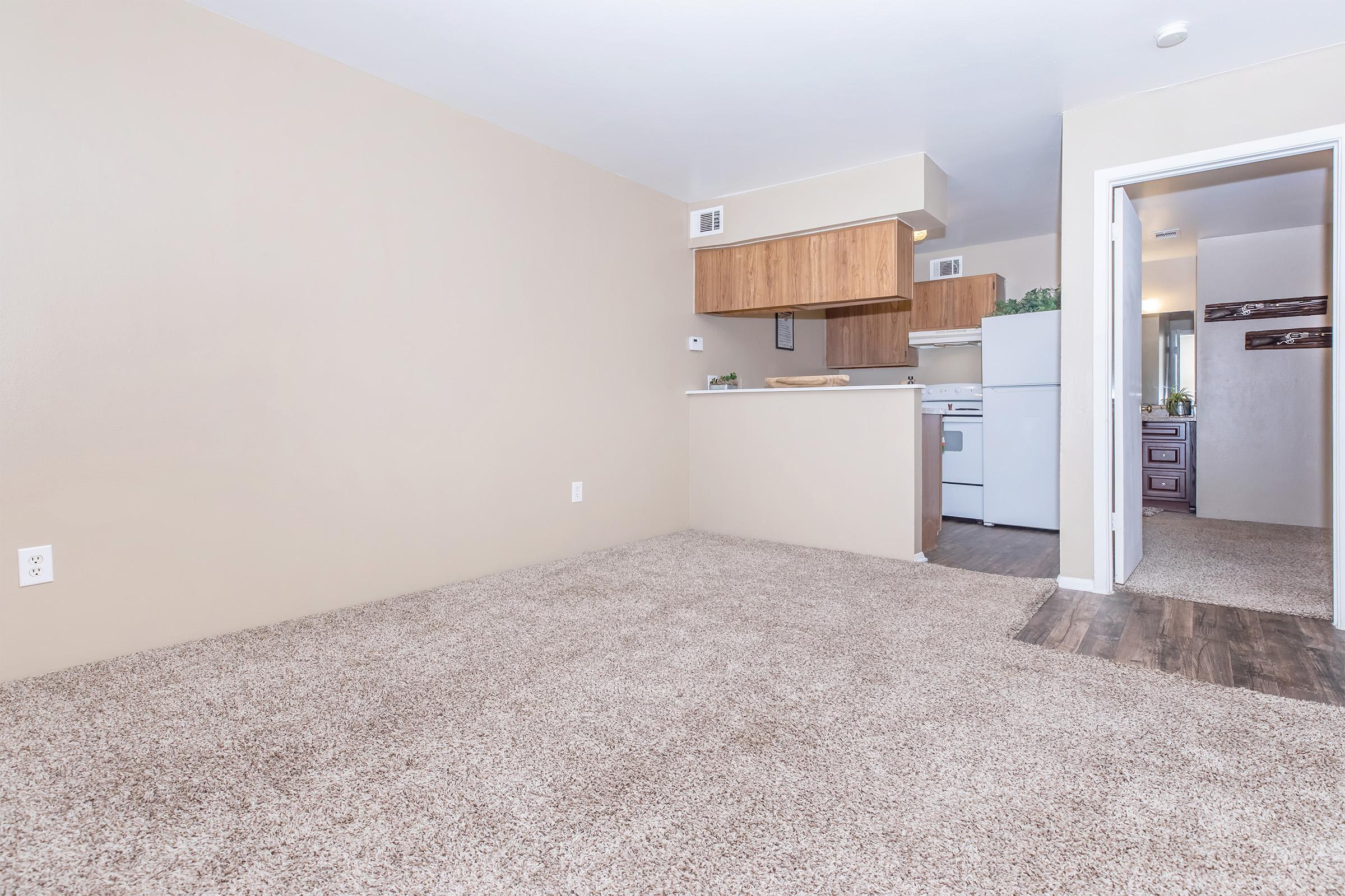 A spacious, empty room with beige walls and light brown carpet. A small kitchen area is visible in the background, featuring wooden cabinets and white appliances. A doorway to another room is seen on the right, leading to a well-lit space. The overall atmosphere is clean and modern, ready for furnishing.