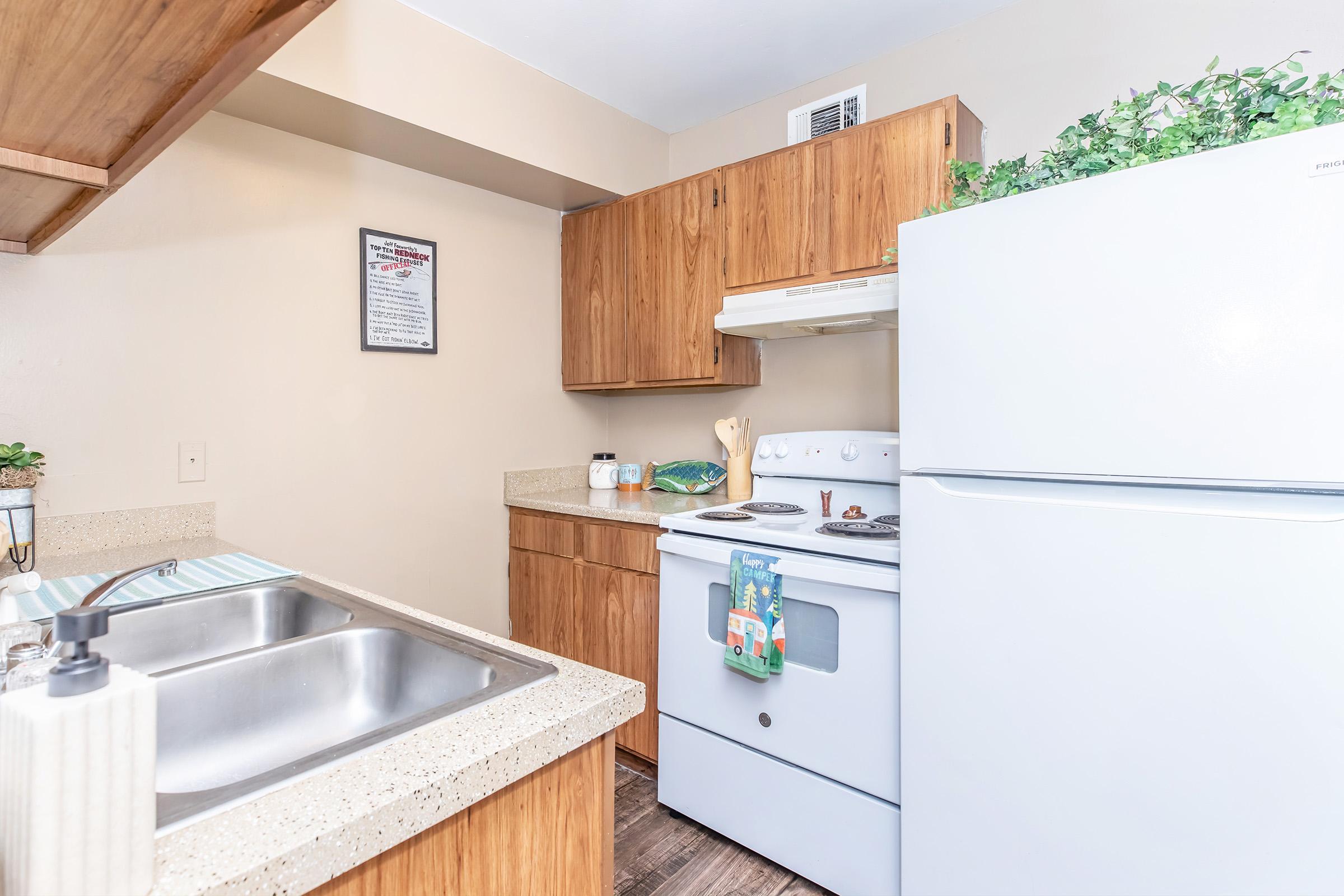 A cozy kitchen featuring wooden cabinets, a white stove, and a refrigerator. The countertop is made of light-colored stone, with a double sink and decorative plants. A framed poster hangs on the wall, and there are utensils and containers on the counter, creating a warm and inviting atmosphere.
