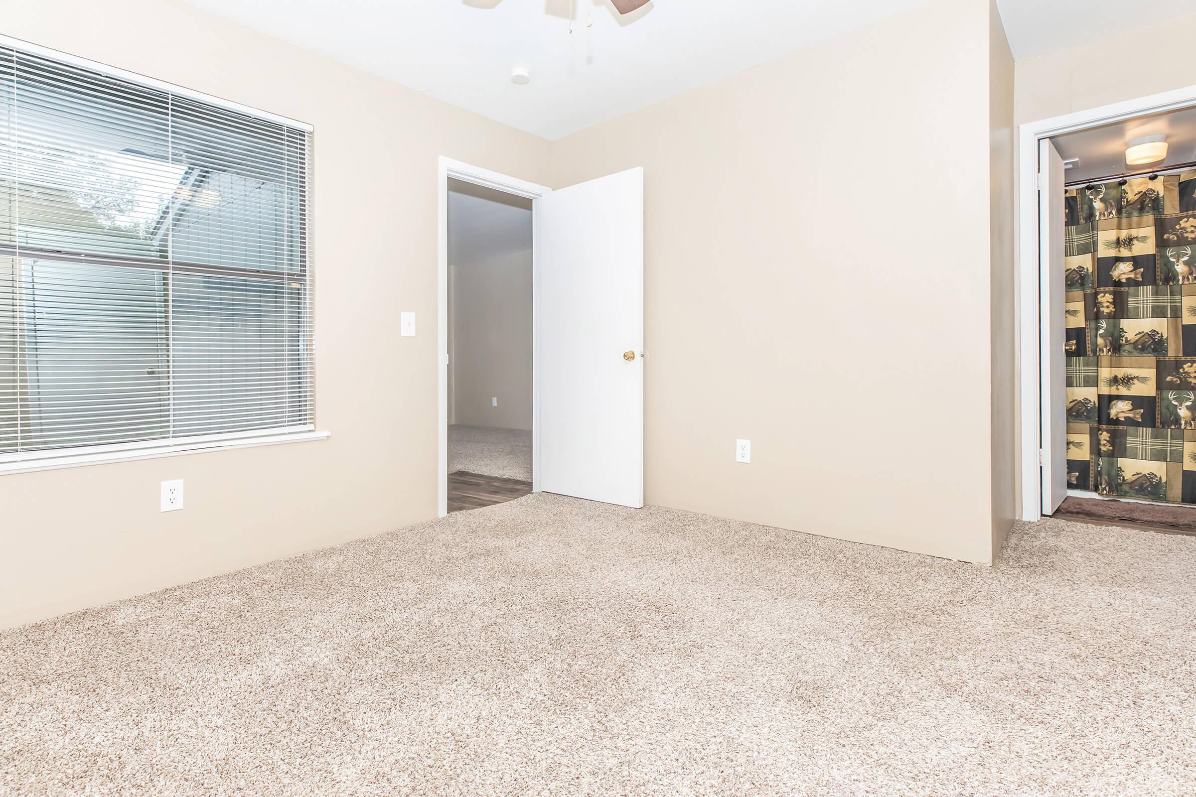A spacious, empty room with light beige walls and plush carpeting. One wall features a window with blinds, allowing natural light. A doorway leads to another room, while another door is visible, possibly leading to a closet or bathroom. The overall atmosphere is clean and inviting, ready for decoration.