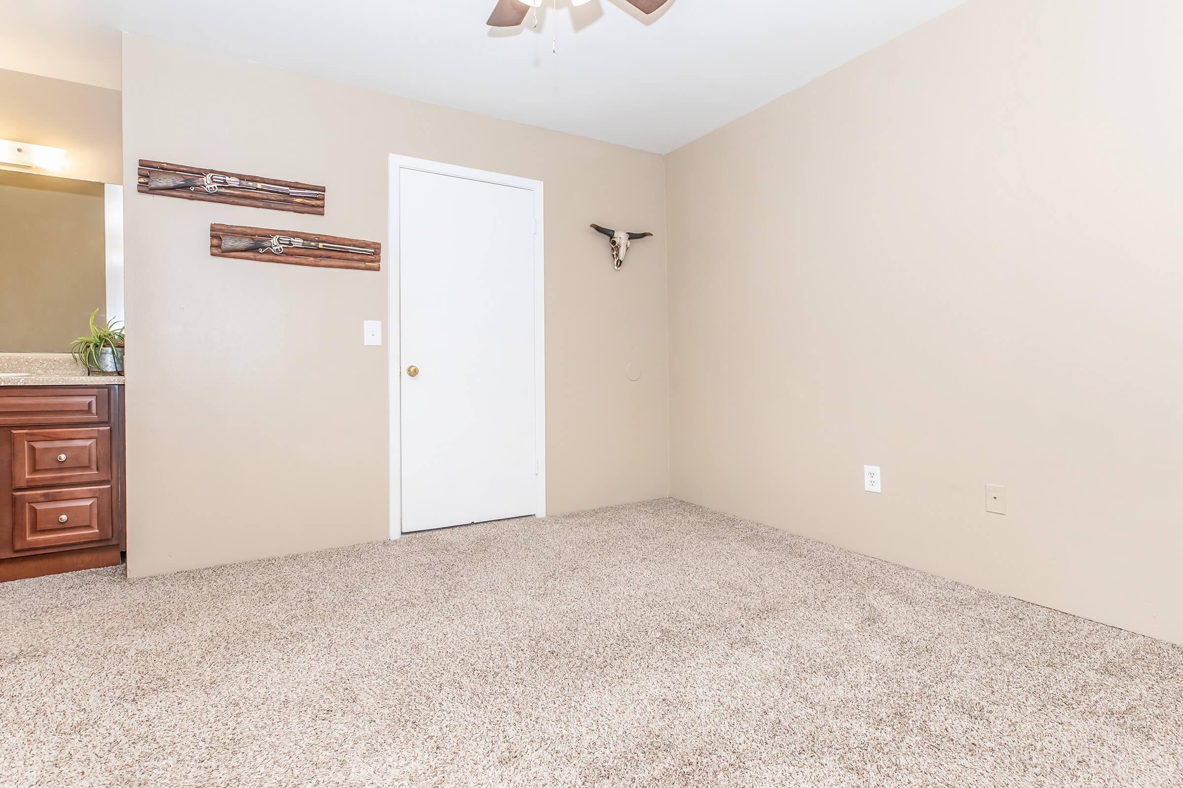 A neatly organized room with light beige walls and plush carpet. There is a closed white door on the right, a small cow skull mounted on the wall, and two wooden wall decorations. A bathroom sink area is visible in the background, adding to the space's functionality and warmth.