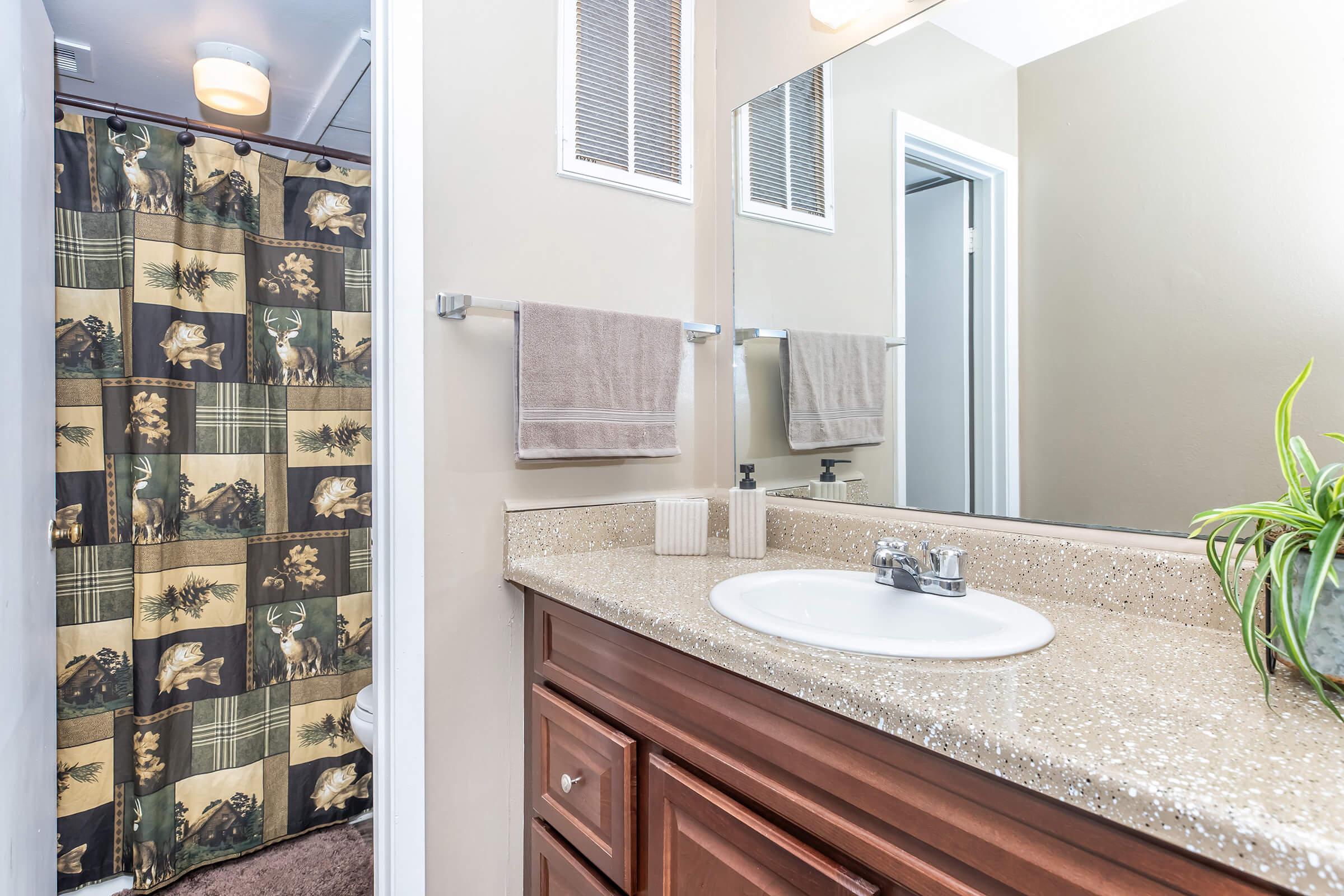A cozy bathroom featuring a beige countertop with a sink, a large mirror above, and dark wooden cabinetry. Towels hang on a bar, and a decorative shower curtain with an animal print adds color. A small potted plant sits on the counter, creating a warm atmosphere.