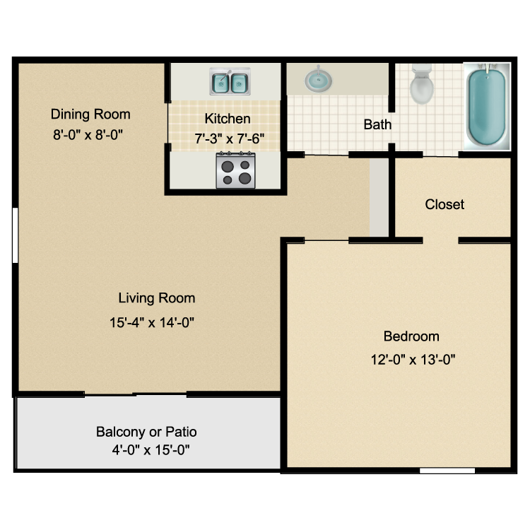 Floor plan image of 1 Bed 1 Bath