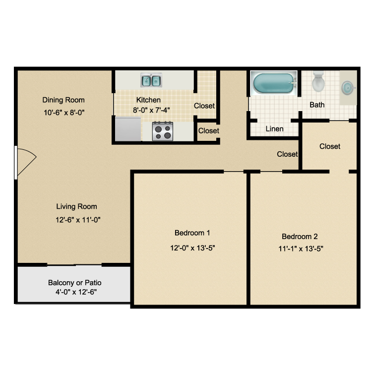 Floor plan image of 2 Bed 1 Bath