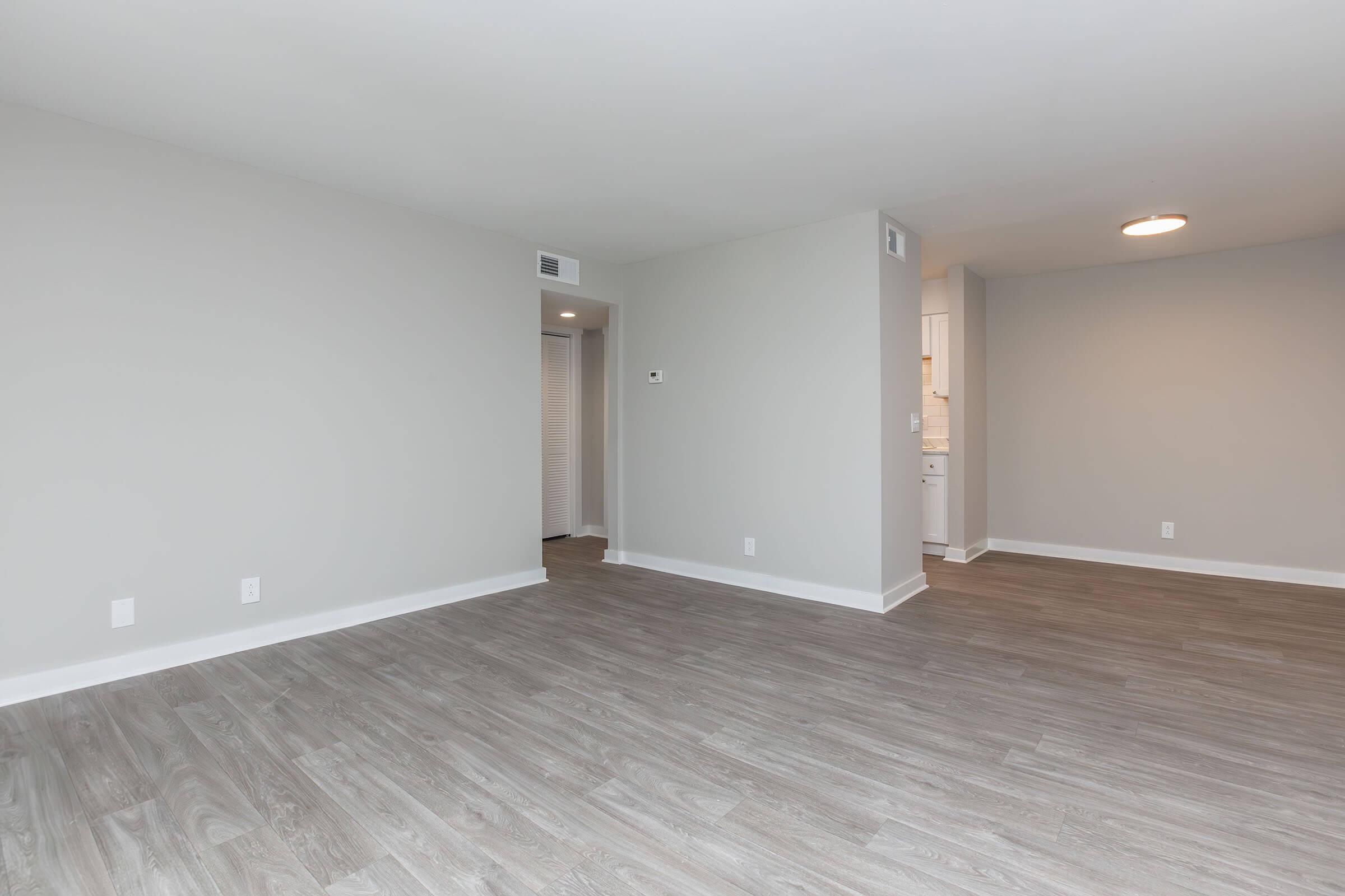 Empty room with light gray walls and a wood-like laminate floor. A doorway on the left leads to another room, while a kitchen can be seen in the distance through an open area on the right. Natural light illuminates the space from a ceiling fixture.