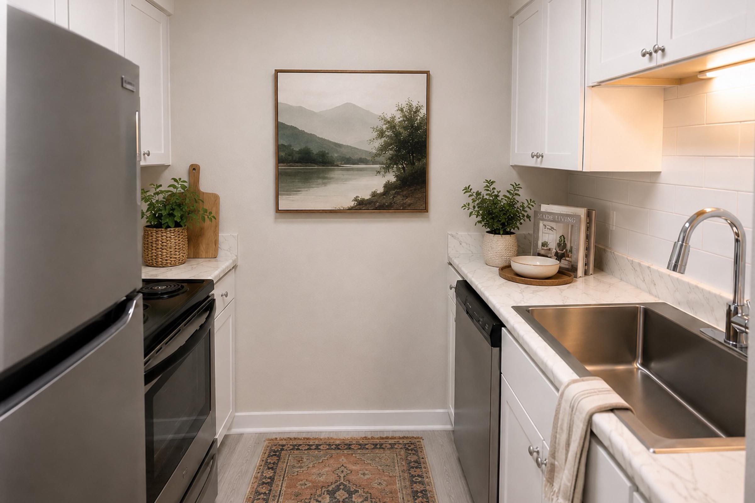 A cozy kitchen featuring white cabinetry, a stainless steel refrigerator and oven, and a spacious sink. The countertop is adorned with plants in woven baskets, and a framed landscape painting hangs on the wall. A decorative rug adds warmth to the space.
