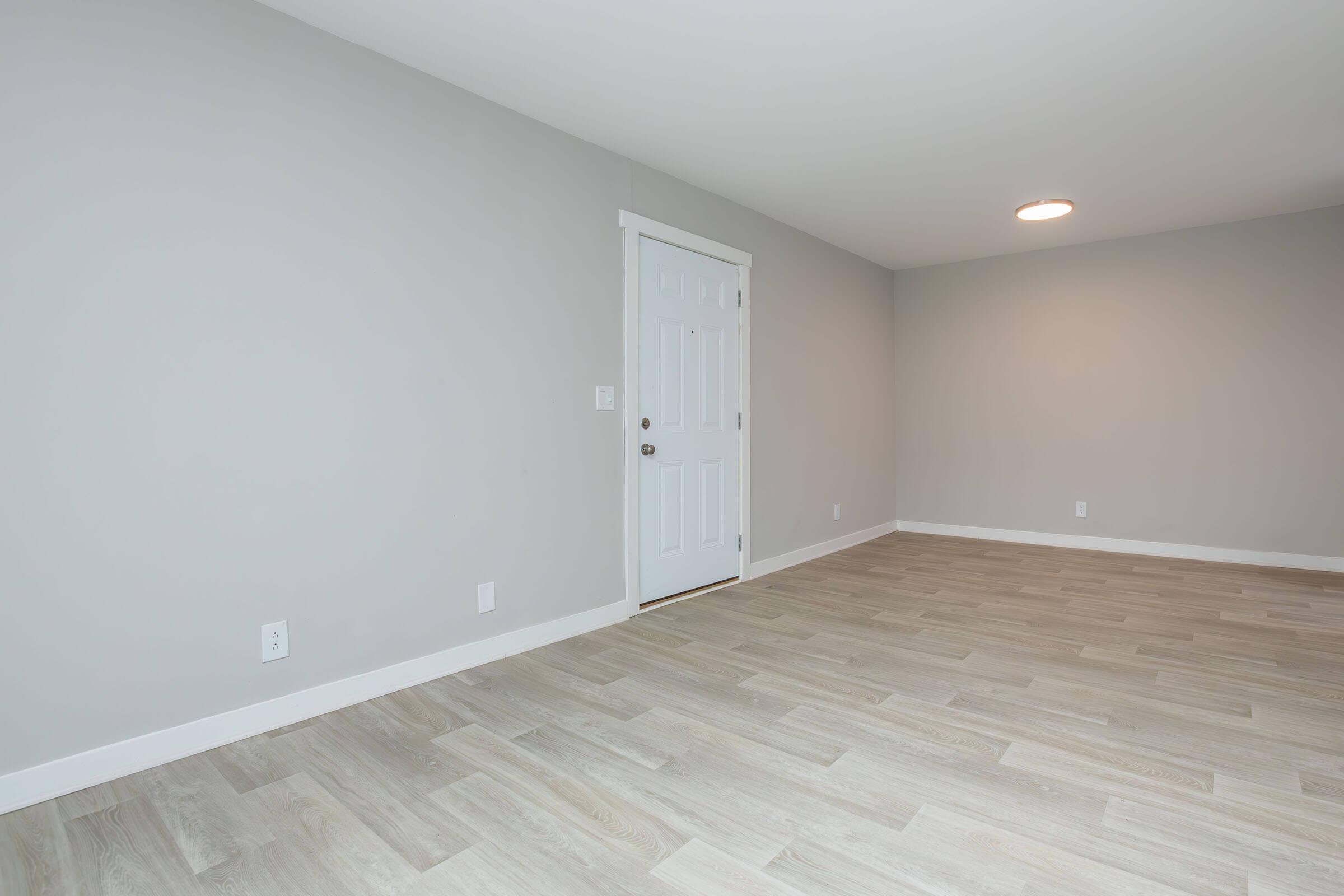 A minimalist room with light gray walls and a wooden floor. A closed white door is visible on the left, while the room is well-lit by a ceiling light. The space appears empty and clean, suitable for new furnishings.