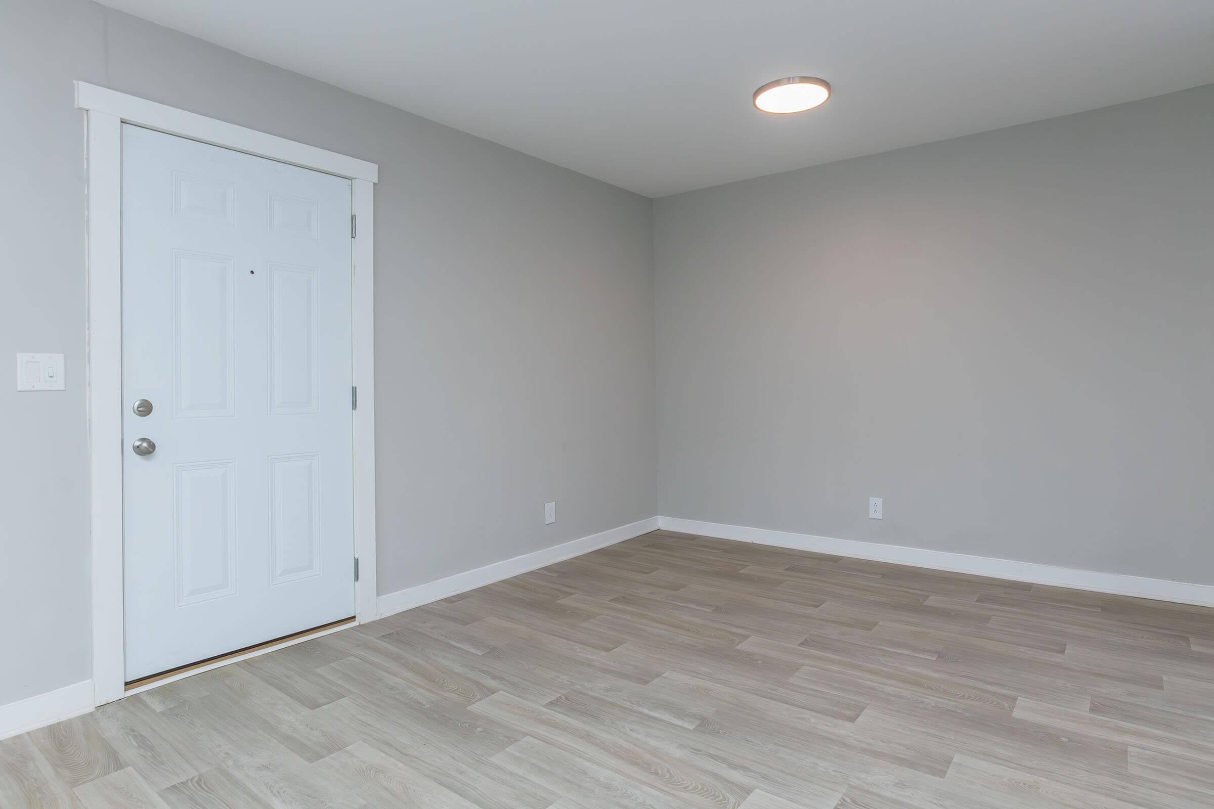 Empty room with light gray walls and a light-colored wooden floor. A white door is visible on the left, and there is a ceiling light fixture. The room appears clean, minimalistic, and ready for decoration or furnishing.