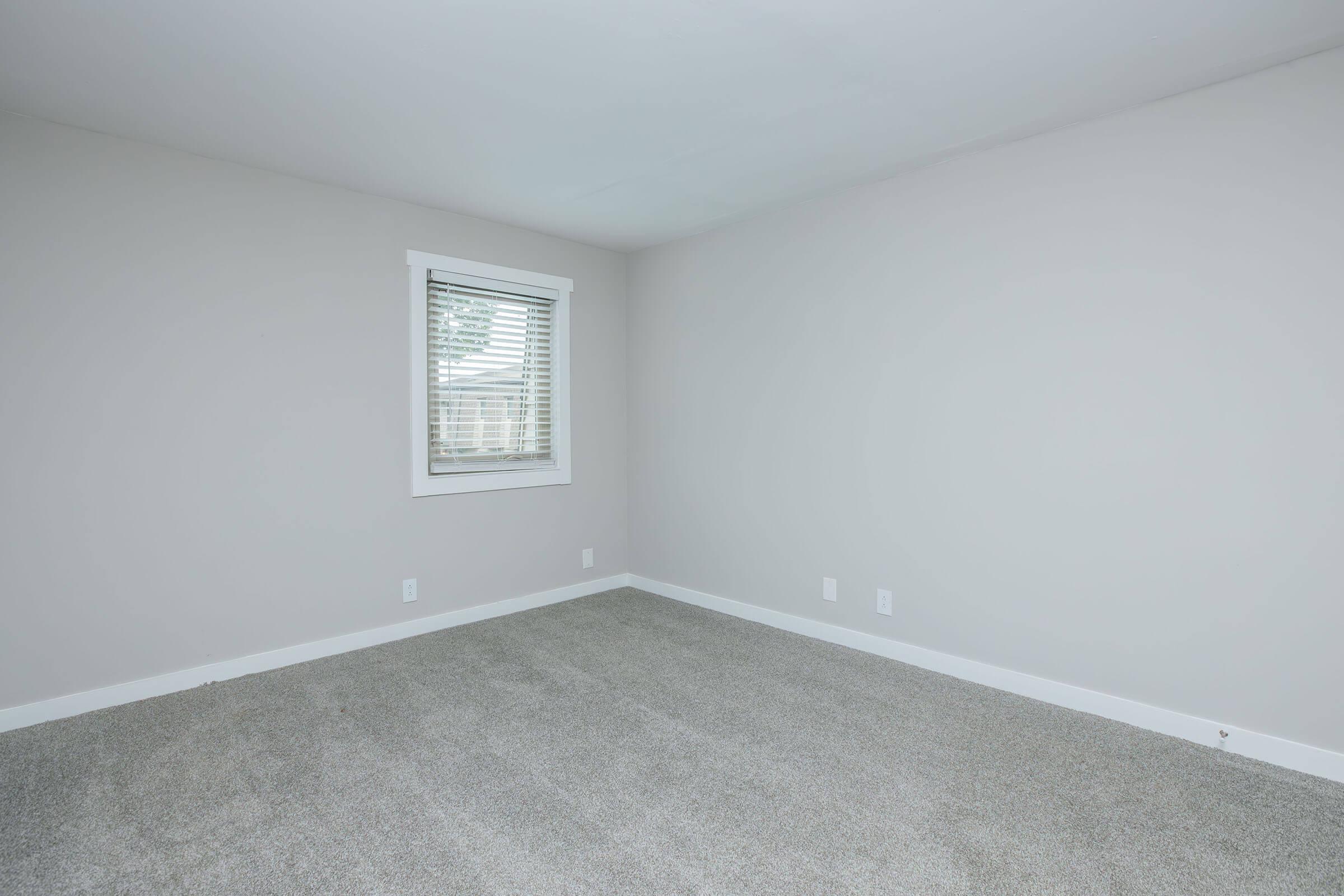 A vacant room with light gray carpet and neutral-colored walls. There is a window with white blinds allowing natural light in. The room has minimal decor and appears clean and uncluttered, suitable for various uses such as a bedroom or office space.